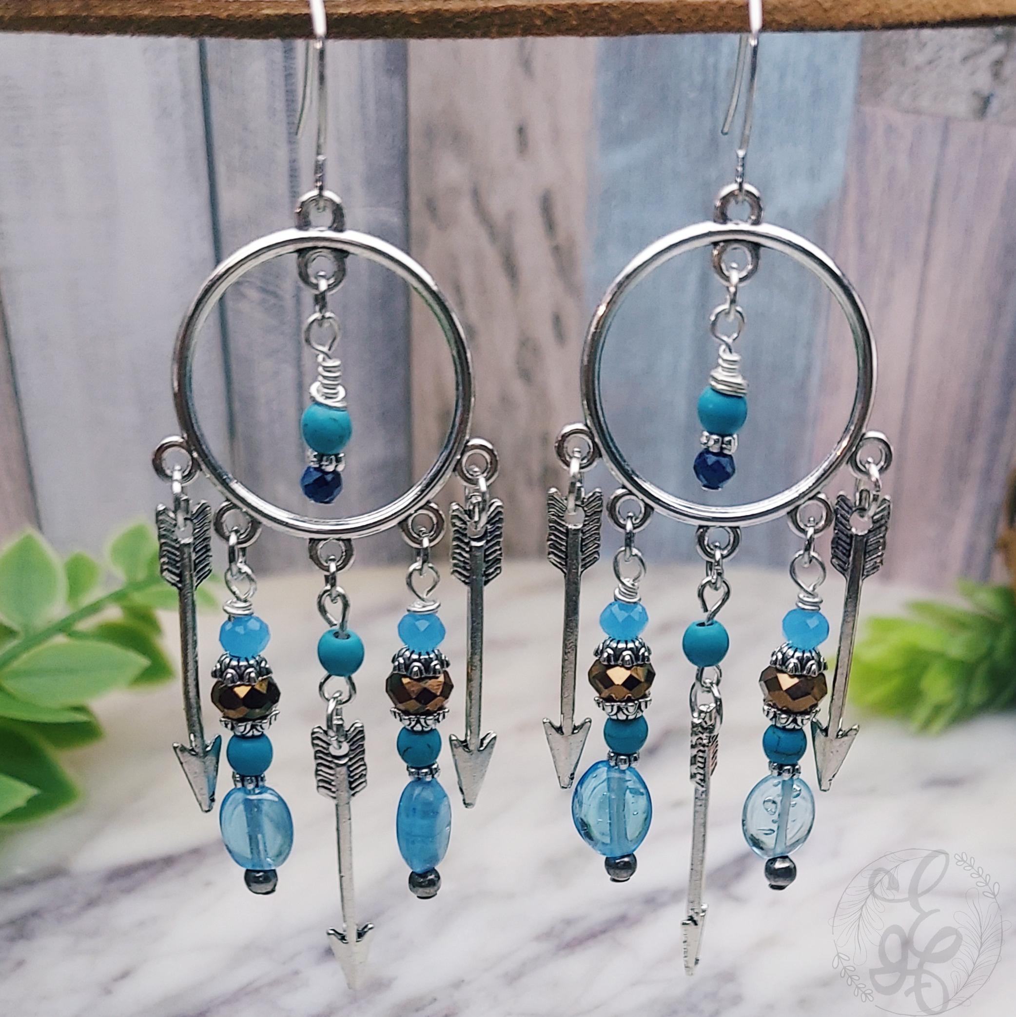 Arrow Boho Chandelier Earrings with Silver Finish and Blue Beads, gifts for woman