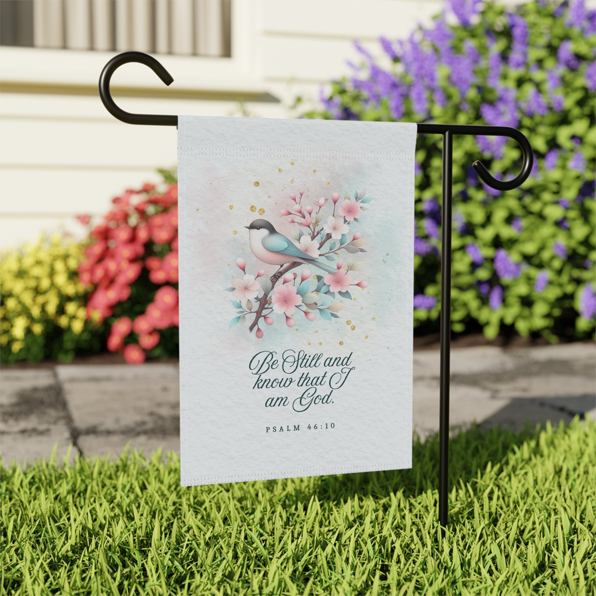 Garden Flag — "Be Still and Know That I Am God" Floral Bird Yard Banner