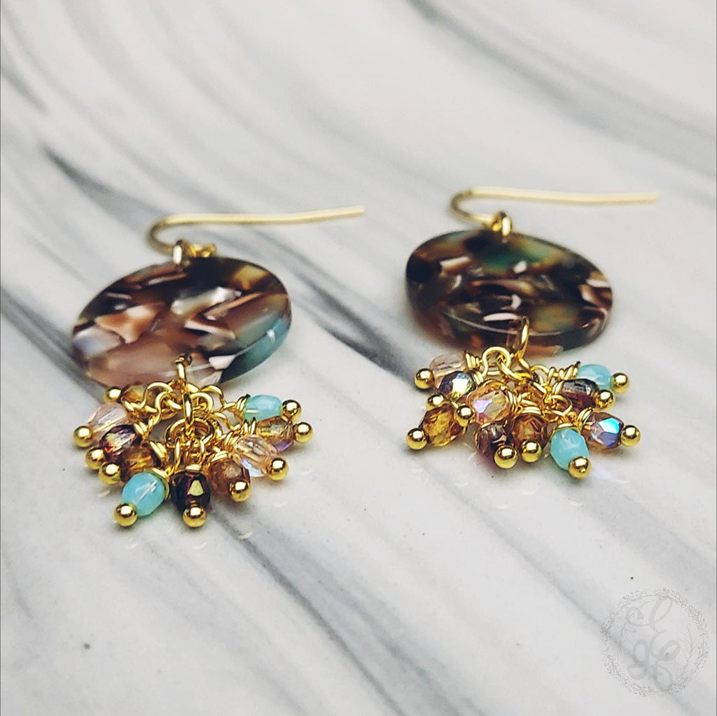 Brown and Cream Disc Earrings with Cluster Drop - Tortoise Shell Acetate Dangle Earrings