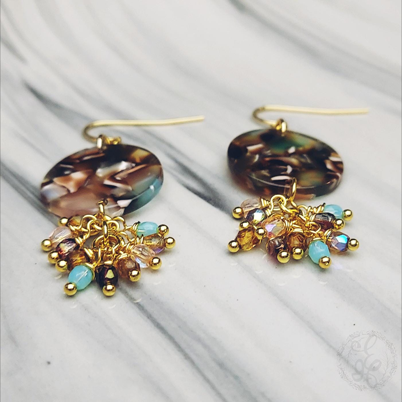 Brown and Cream Disc Earrings with Cluster Drop - Tortoise Shell Acetate Dangle Earrings