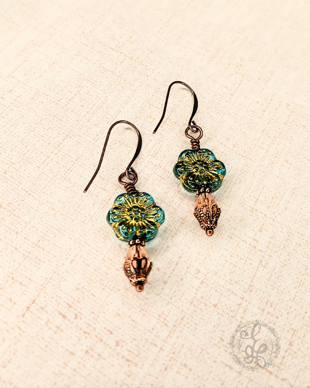 Artisan Czech Glass Earrings • Antique Copper Floral Dangles • Crystal Teardrop Vintage Style Jewelry