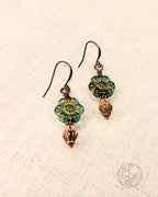 Artisan Czech Glass Earrings • Antique Copper Floral Dangles • Crystal Teardrop Vintage Style Jewelry
