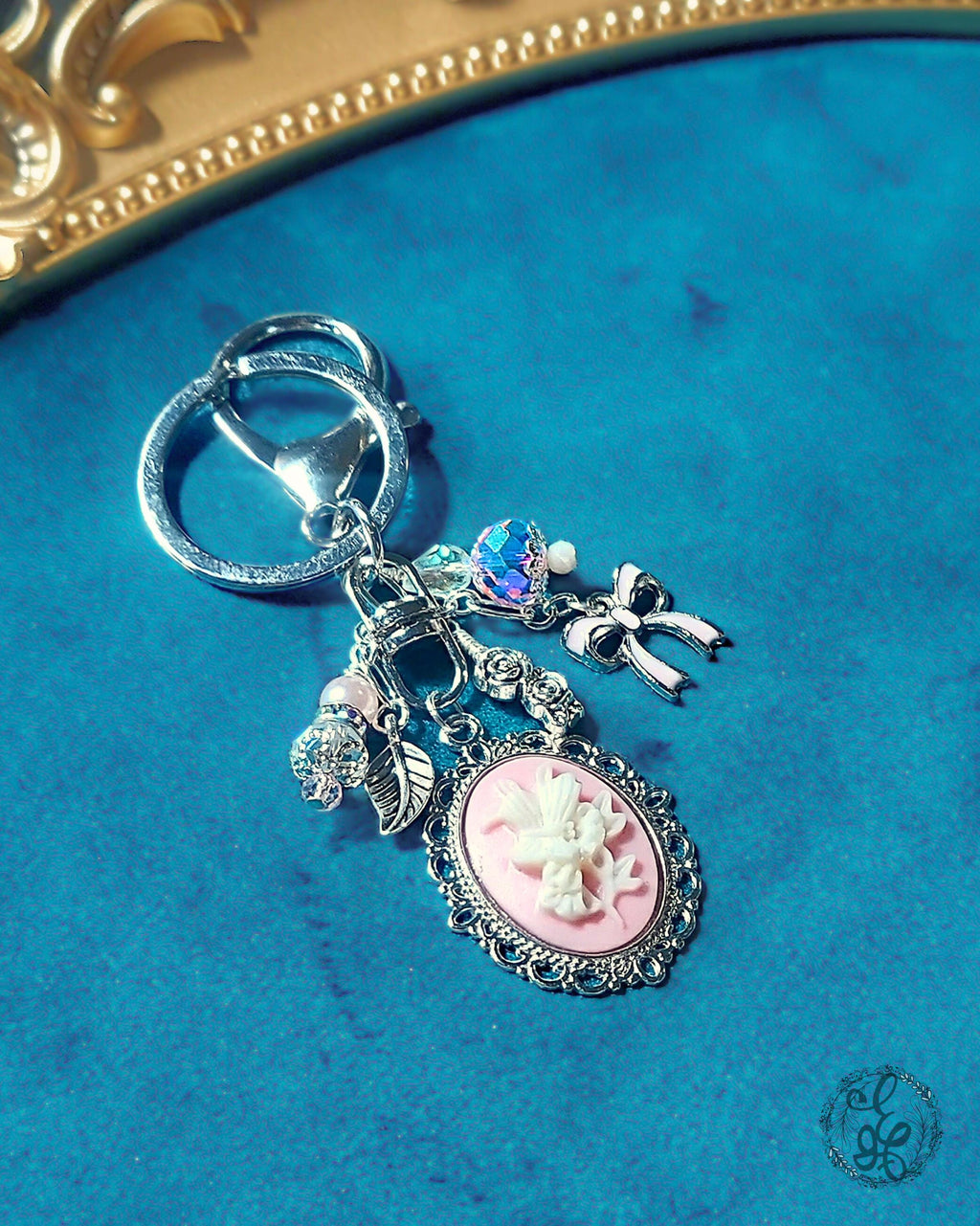 Pink Butterfly Cameo Purse Charm – Wire Wrapped Beads, Rose & Bow Accents