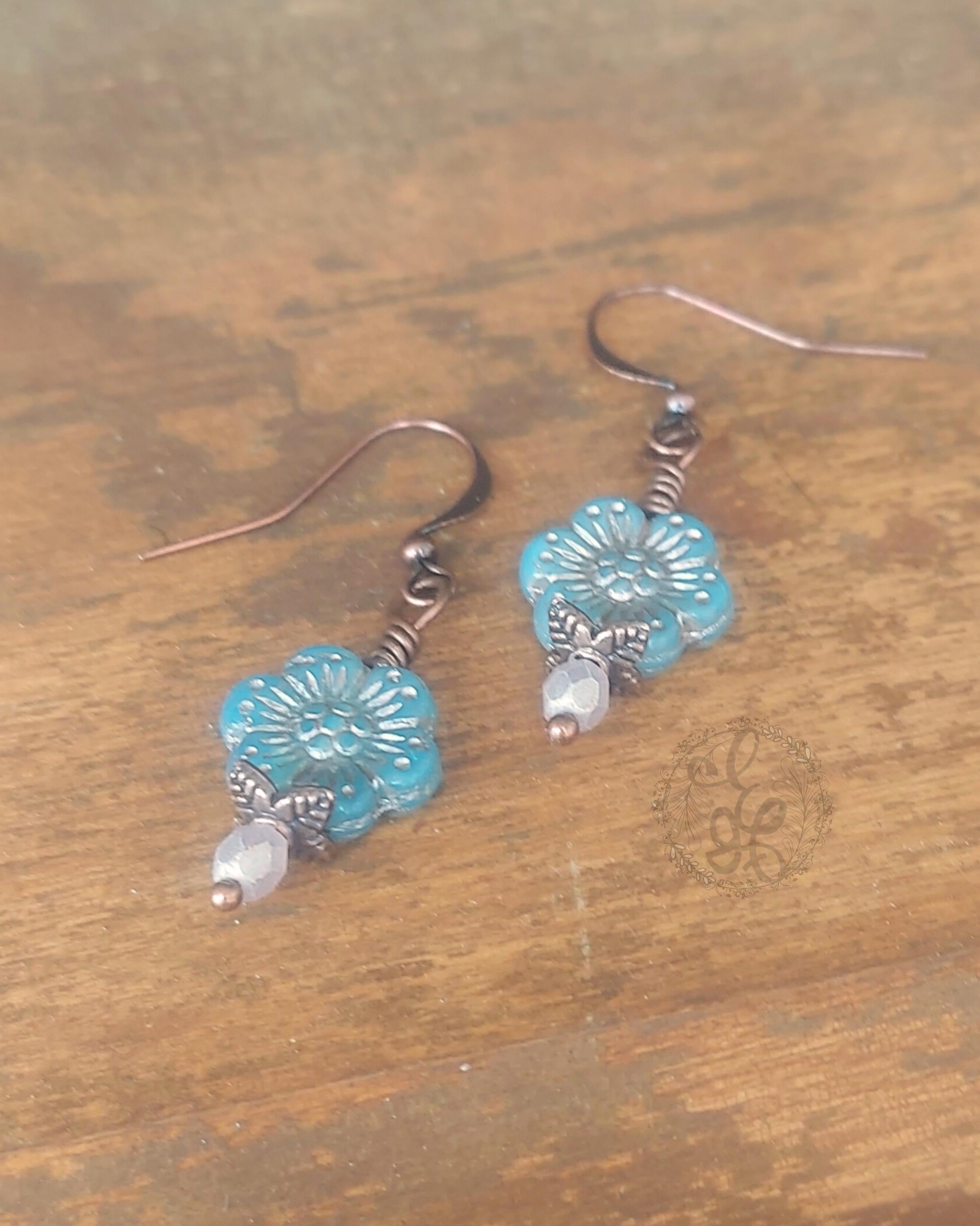 Dusty Blue Czech Glass Flower Earrings – Antique Copper Dangle Earrings