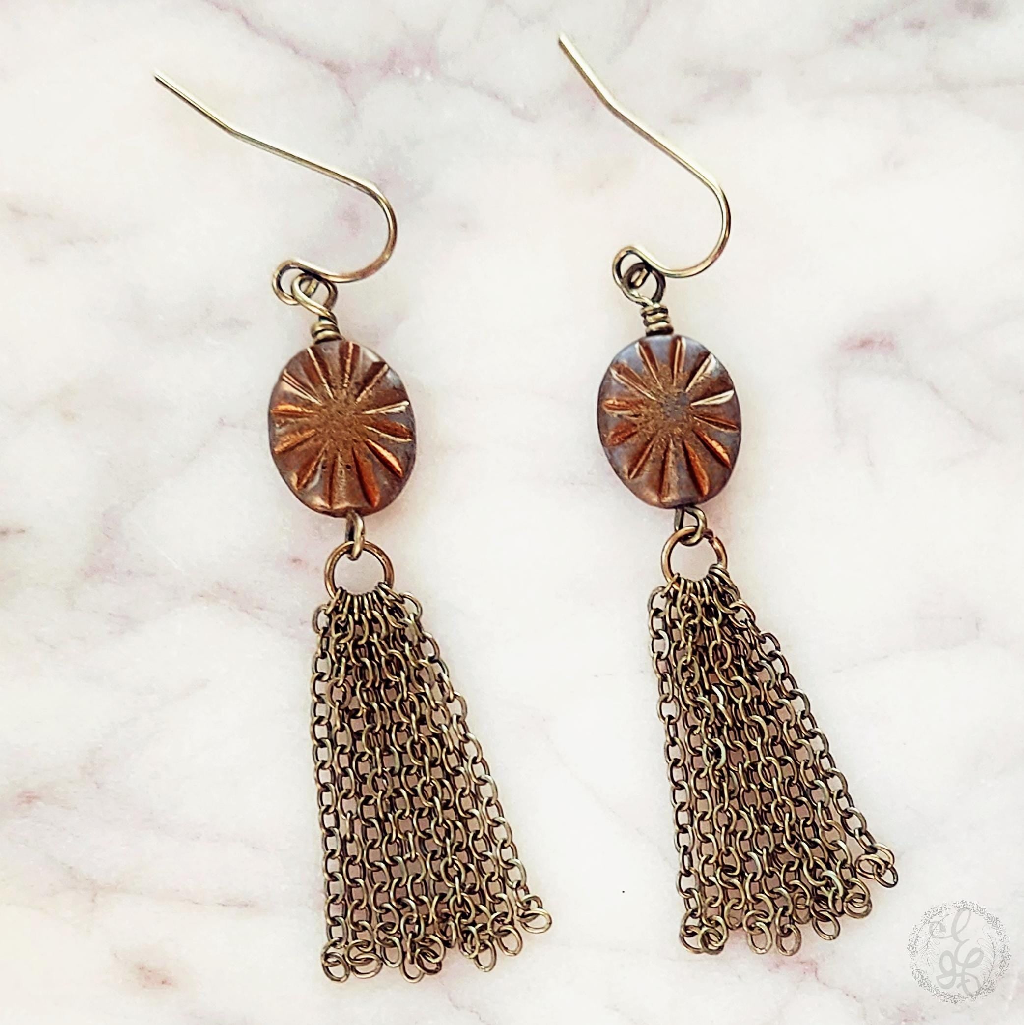 Boho Starburst Earrings with Chain Tassel – Artisan Dangle Jewelry