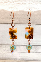 Boho Copper and Czech Glass Dangle Earrings with Tortoiseshell Focal and Flower Accent, Handmade Artisan Jewelry