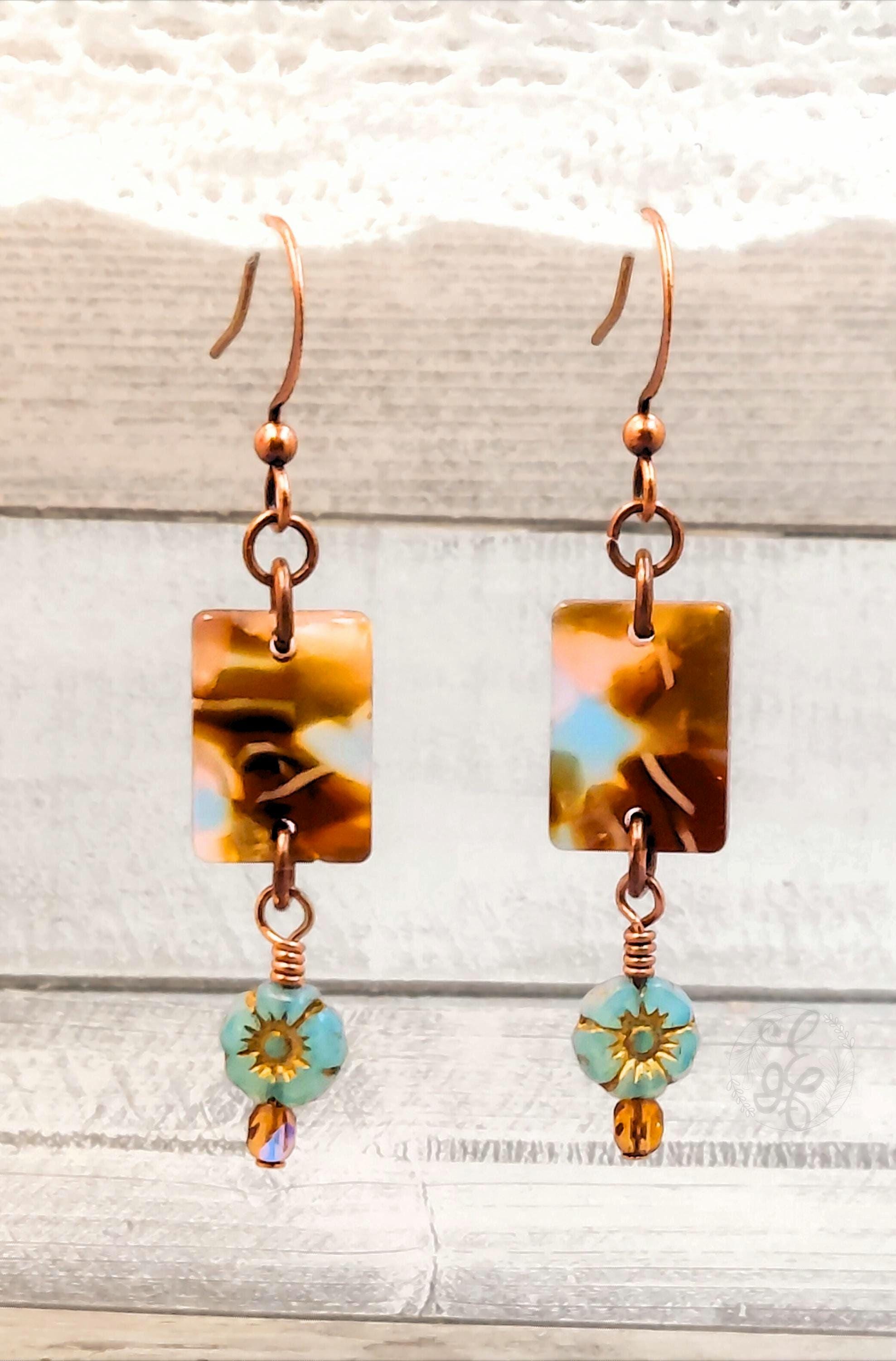Boho Copper and Czech Glass Dangle Earrings with Tortoiseshell Focal and Flower Accent, Handmade Artisan Jewelry
