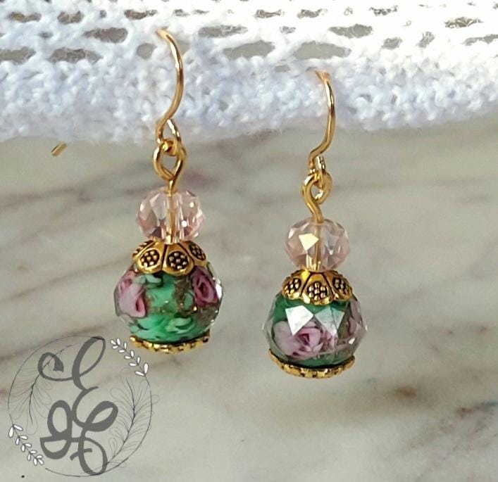 Green and Pink Crystal Earrings Rose dangle earrings gifts for her lampwork rose beads