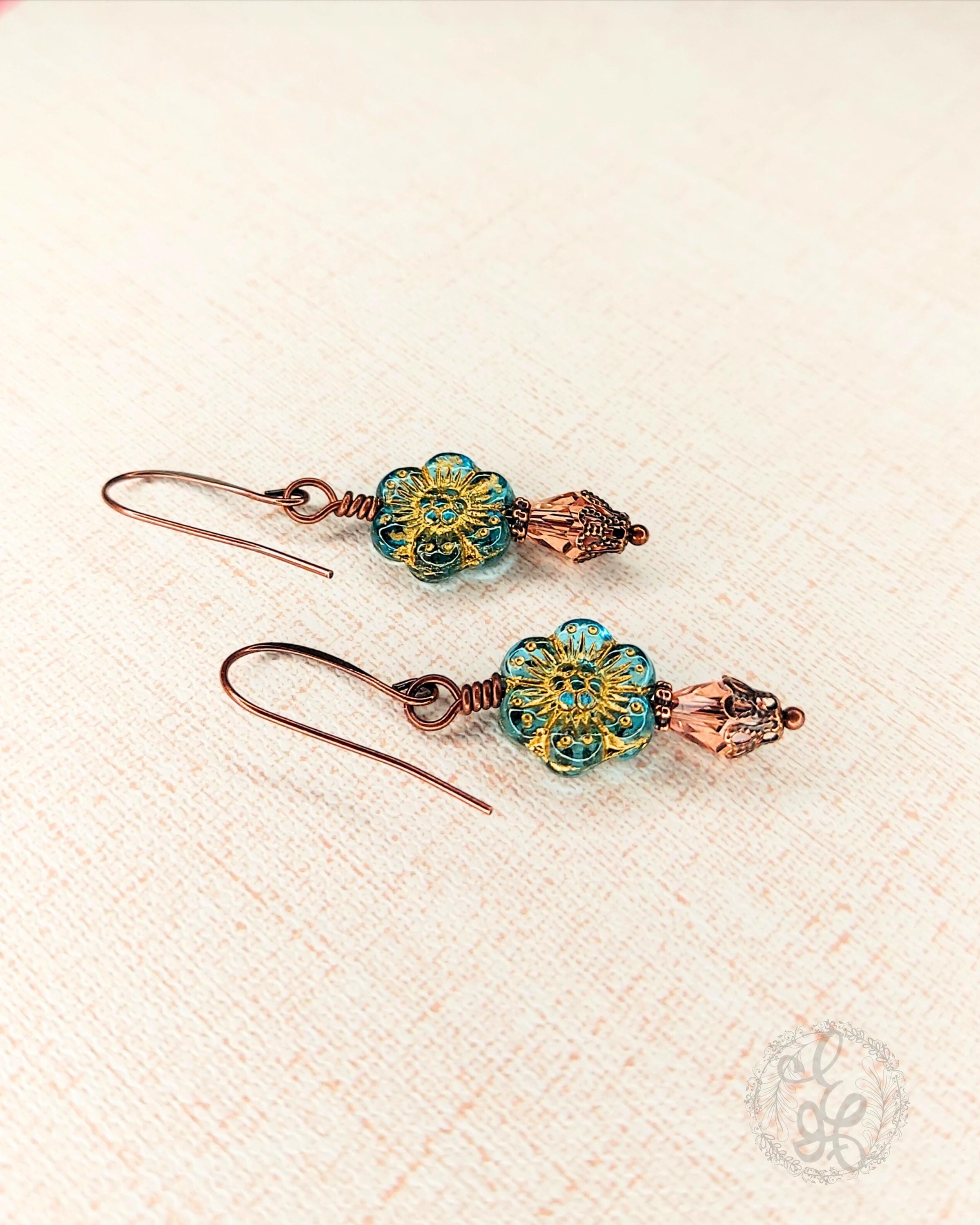 Artisan Czech Glass Earrings • Antique Copper Floral Dangles • Crystal Teardrop Vintage Style Jewelry