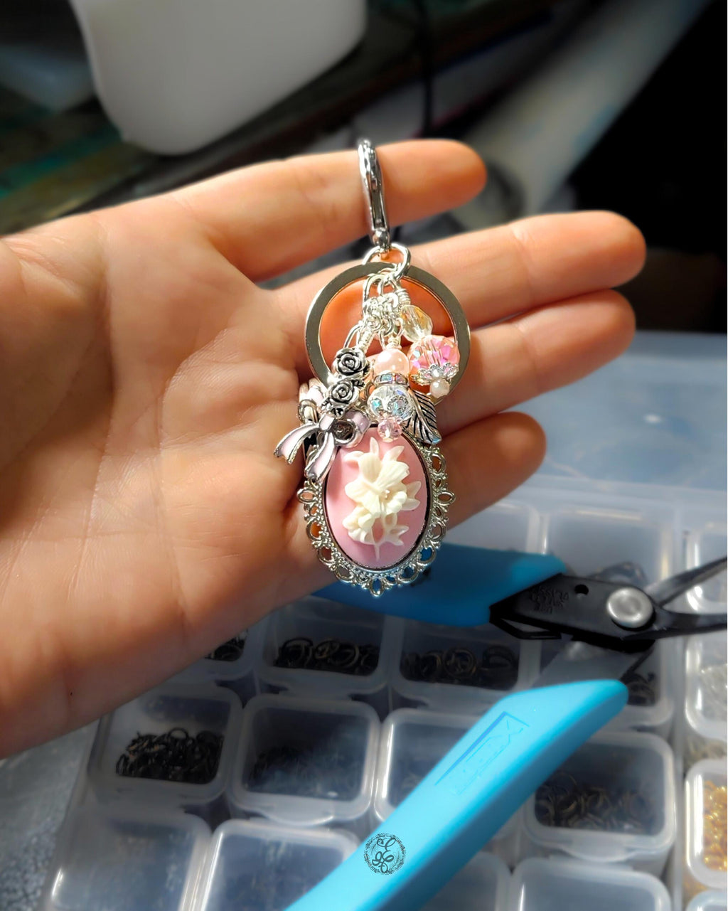 Pink Butterfly Cameo Purse Charm – Wire Wrapped Beads, Rose & Bow Accents