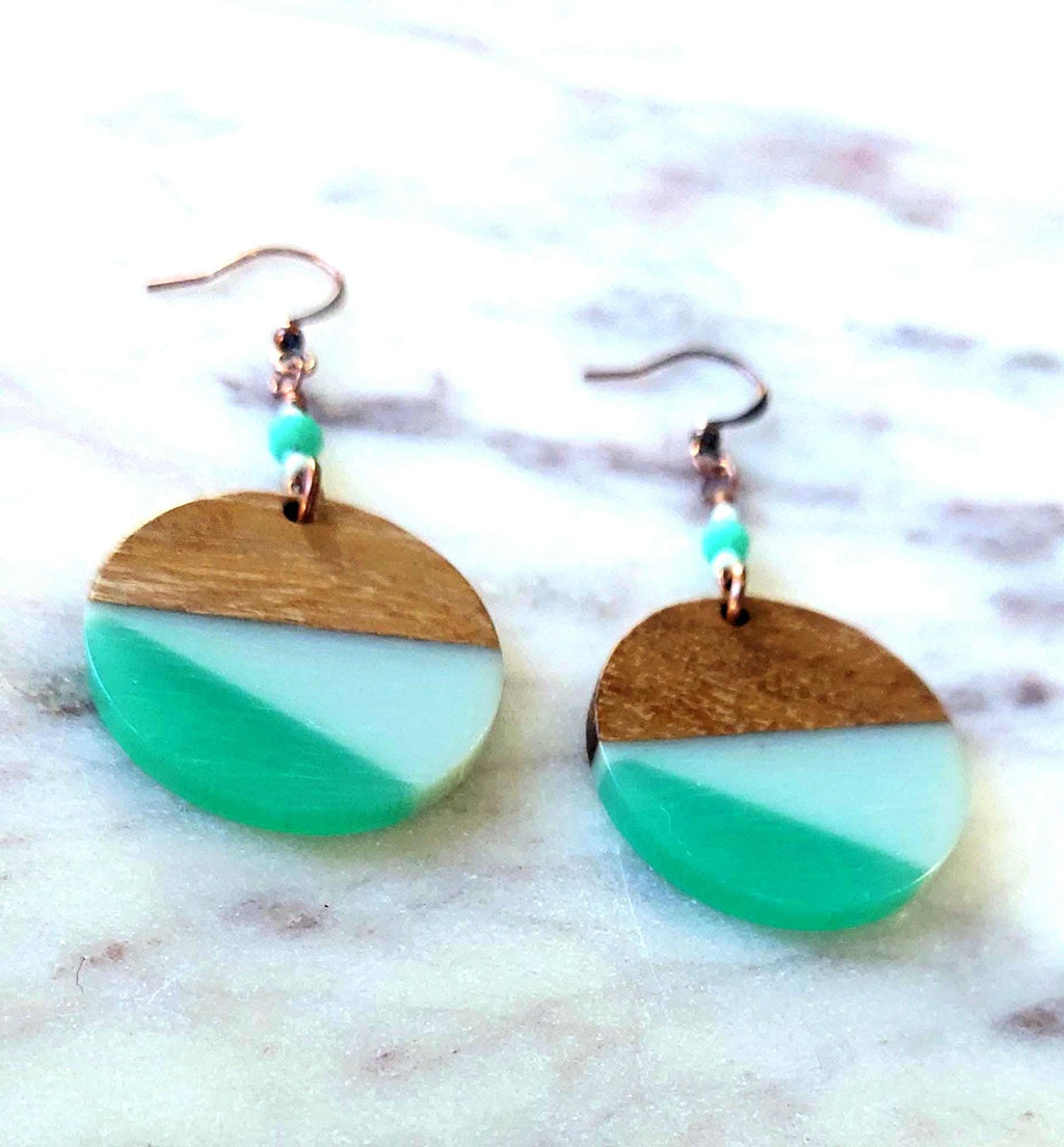 Retro 90s Wood & Aqua Resin Earrings – Lightweight Statement Dangles with Copper Earwires | Vintage-Inspired Artisan Jewelry