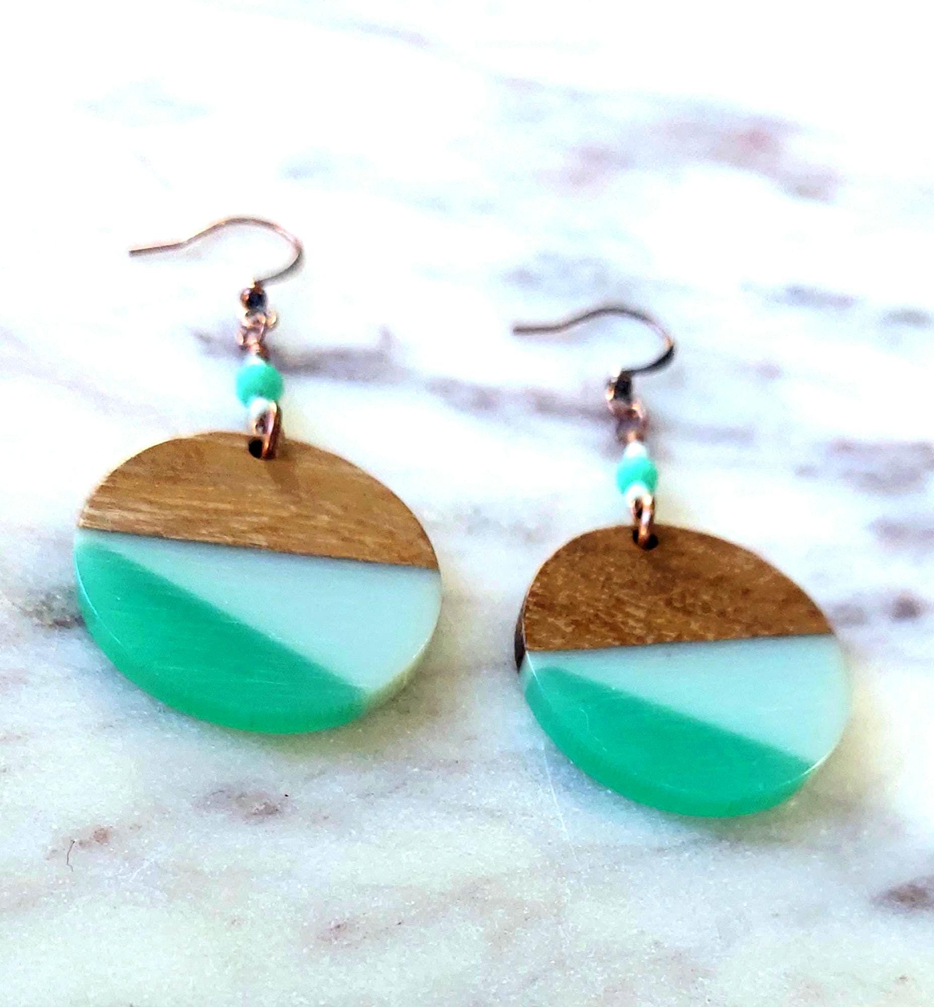 Retro 90s Wood & Aqua Resin Earrings – Lightweight Statement Dangles with Copper Earwires | Vintage-Inspired Artisan Jewelry