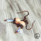 Peach Moonstone & Crystal Teardrop Earrings | Antique Copper | Iridescent Dangle Earrings | Hypoallergenic Artisan Jewelry