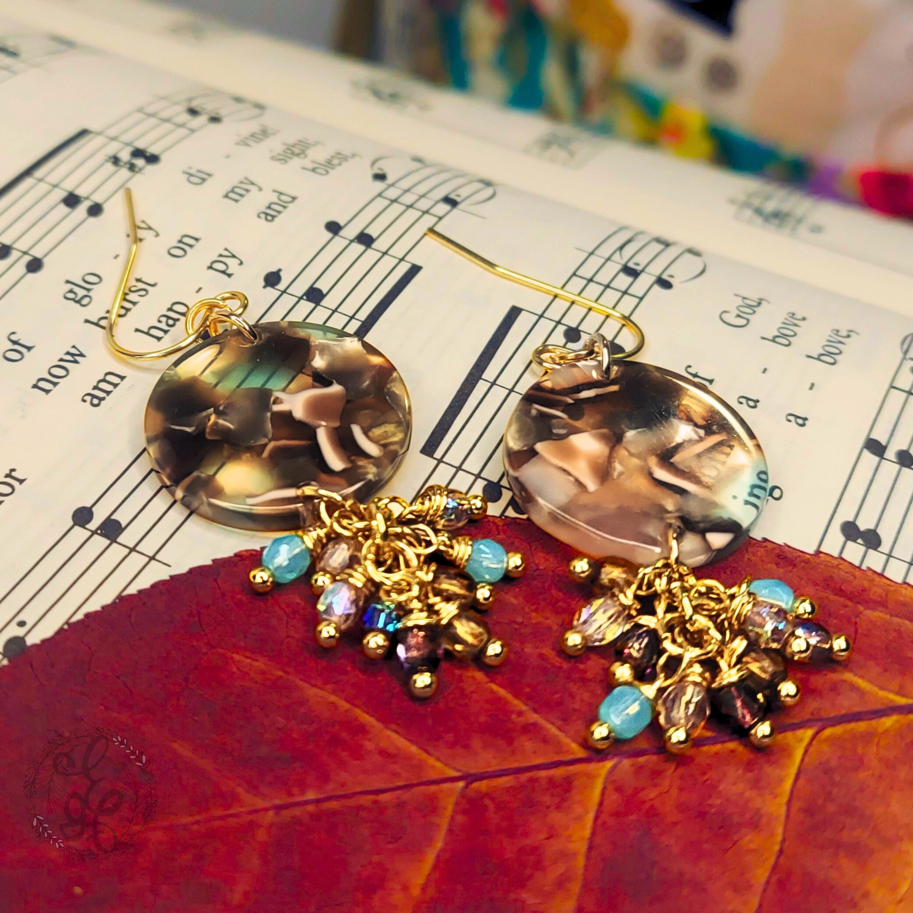 Brown and Cream Disc Earrings with Cluster Drop - Tortoise Shell Acetate Dangle Earrings