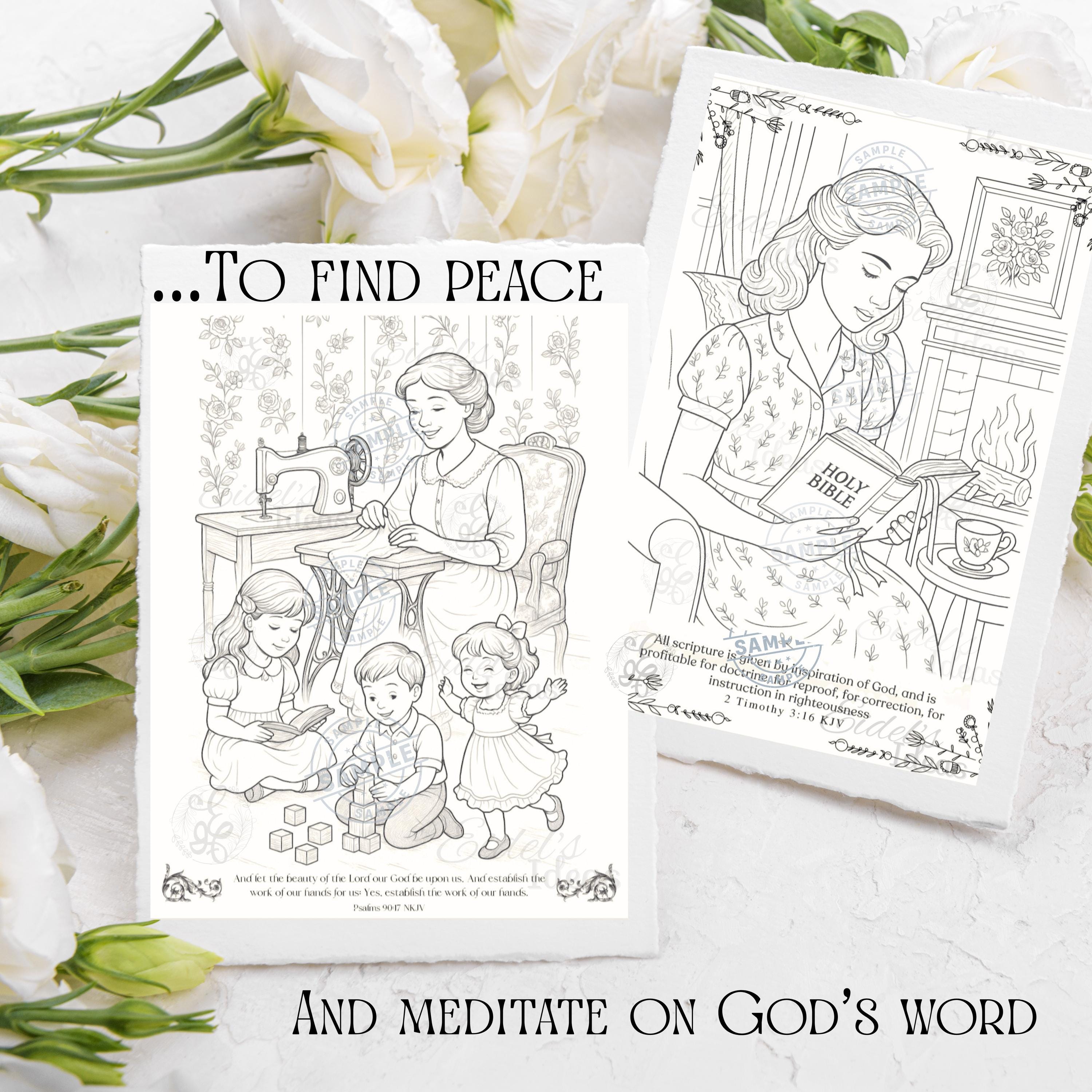 Vintage Homemaking Coloring Book | 15-Page Christian Coloring Pages for Women | Faith-Based Printable for Moms | Bible Verse Adult Coloring