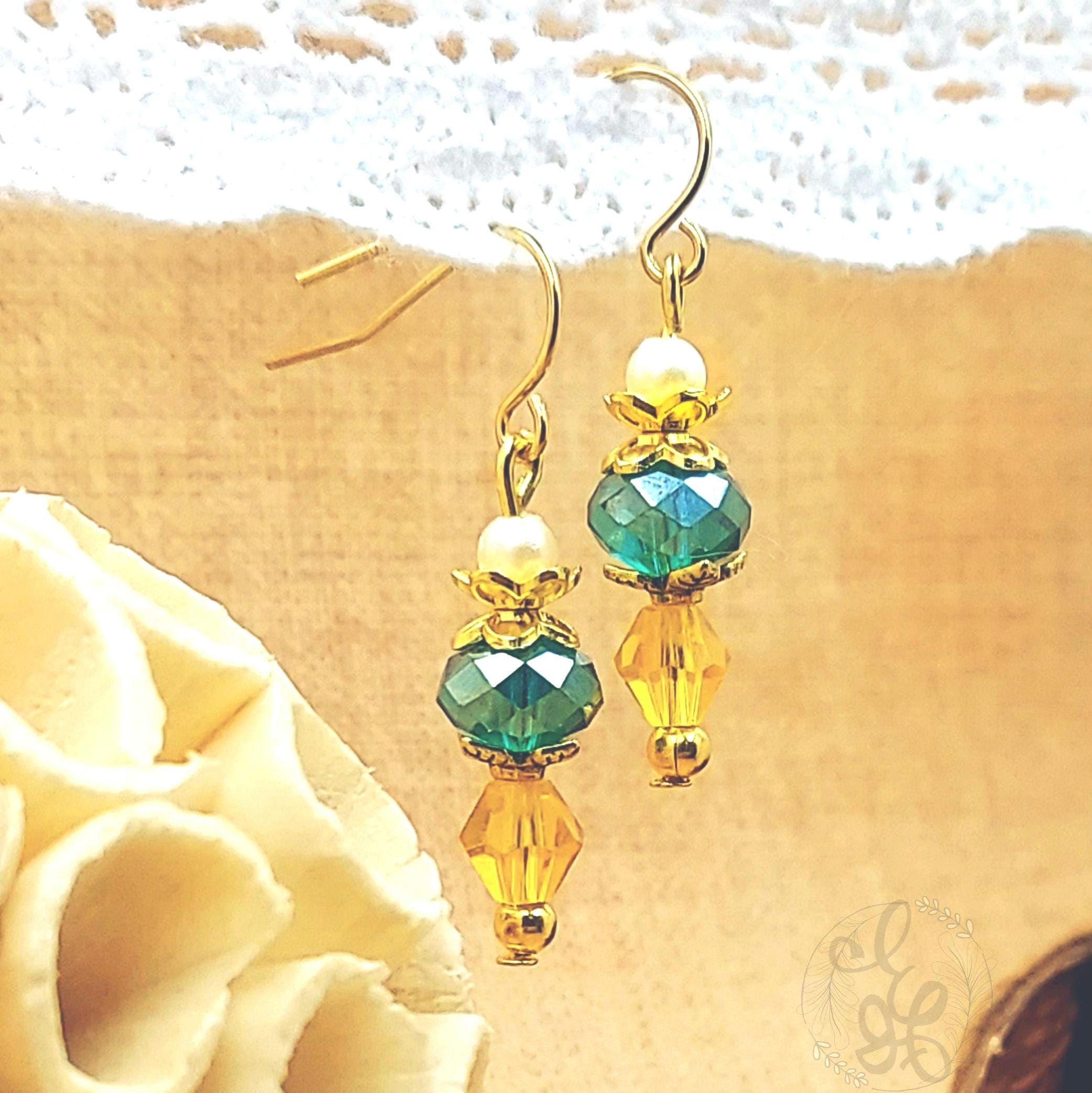 Daffodil Yellow and Teal Earrings with Gold Finish, Spring Earrings, Gift for her, Vintage Style Jewelry