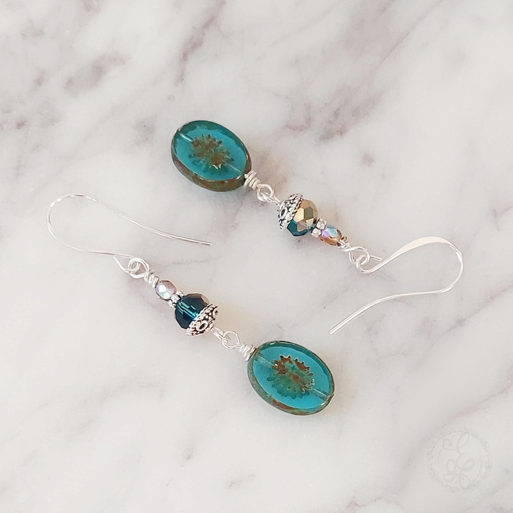Turquoise Starburst Dangle Earrings – Silver Accents & Czech Glass Beads