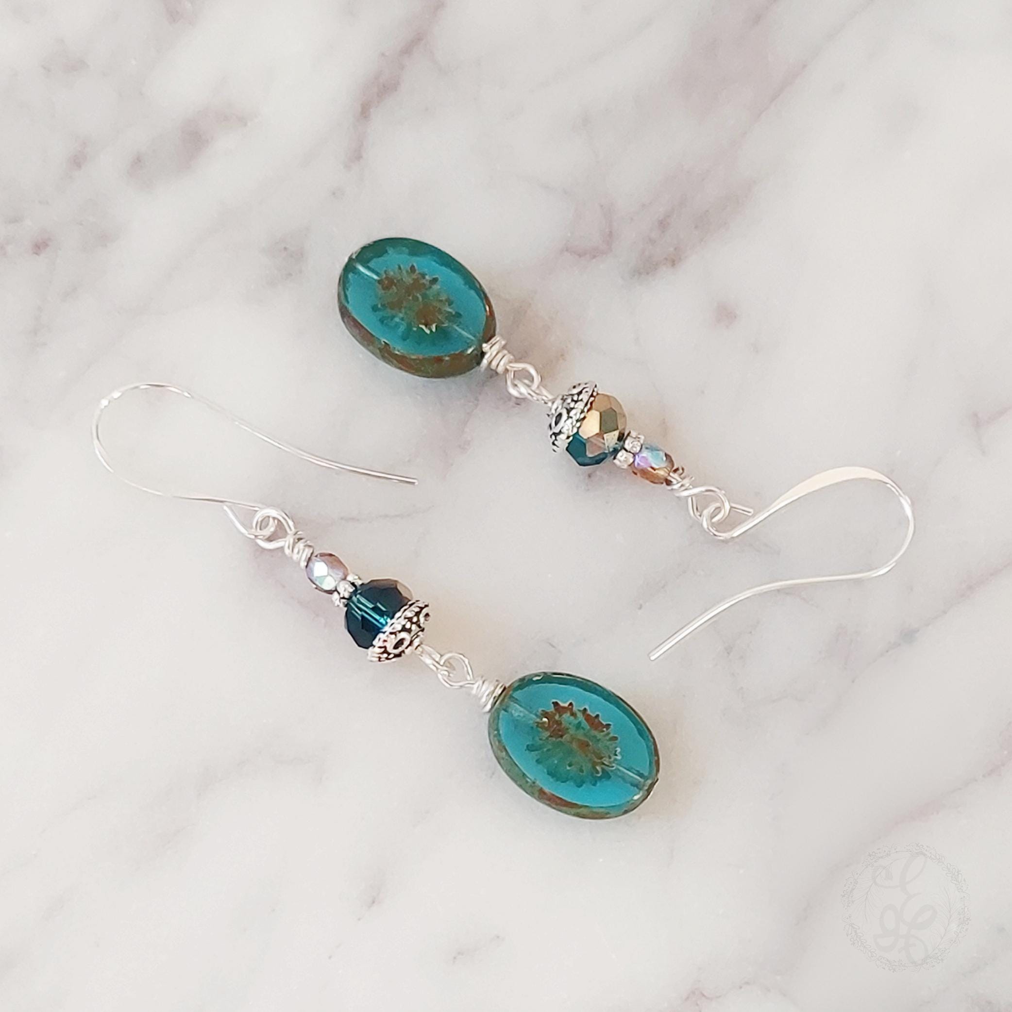 Turquoise Starburst Dangle Earrings – Silver Accents & Czech Glass Beads