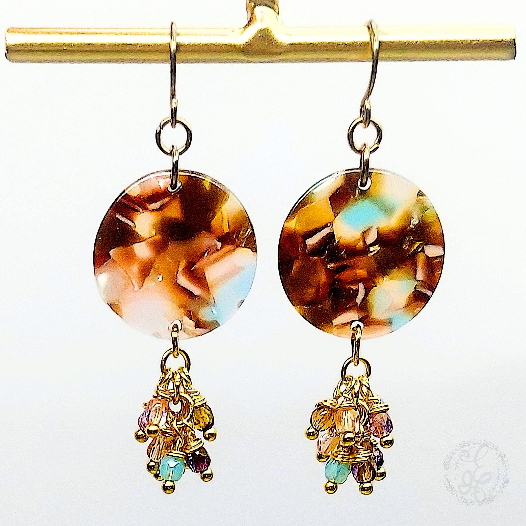 Brown and Cream Disc Earrings with Cluster Drop - Tortoise Shell Acetate Dangle Earrings