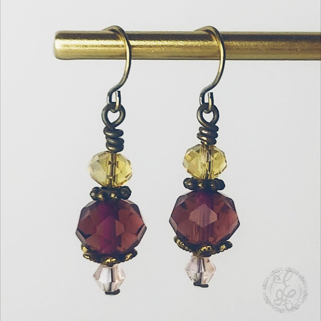 Plum Crystal Dangle Earrings | Artisan Earrings in Copper, Silver, or Bronze