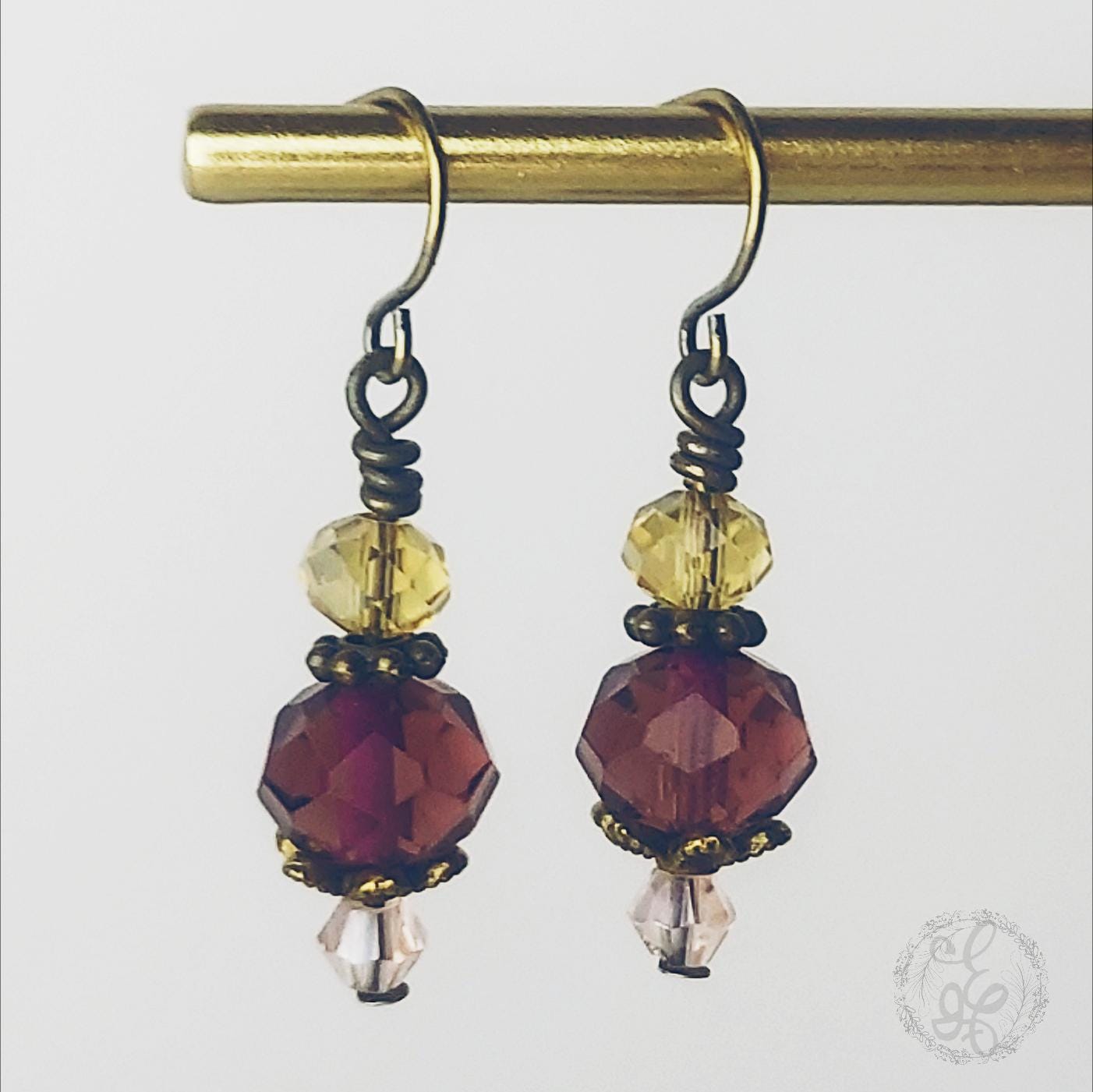 Plum Crystal Dangle Earrings | Artisan Earrings in Copper, Silver, or Bronze