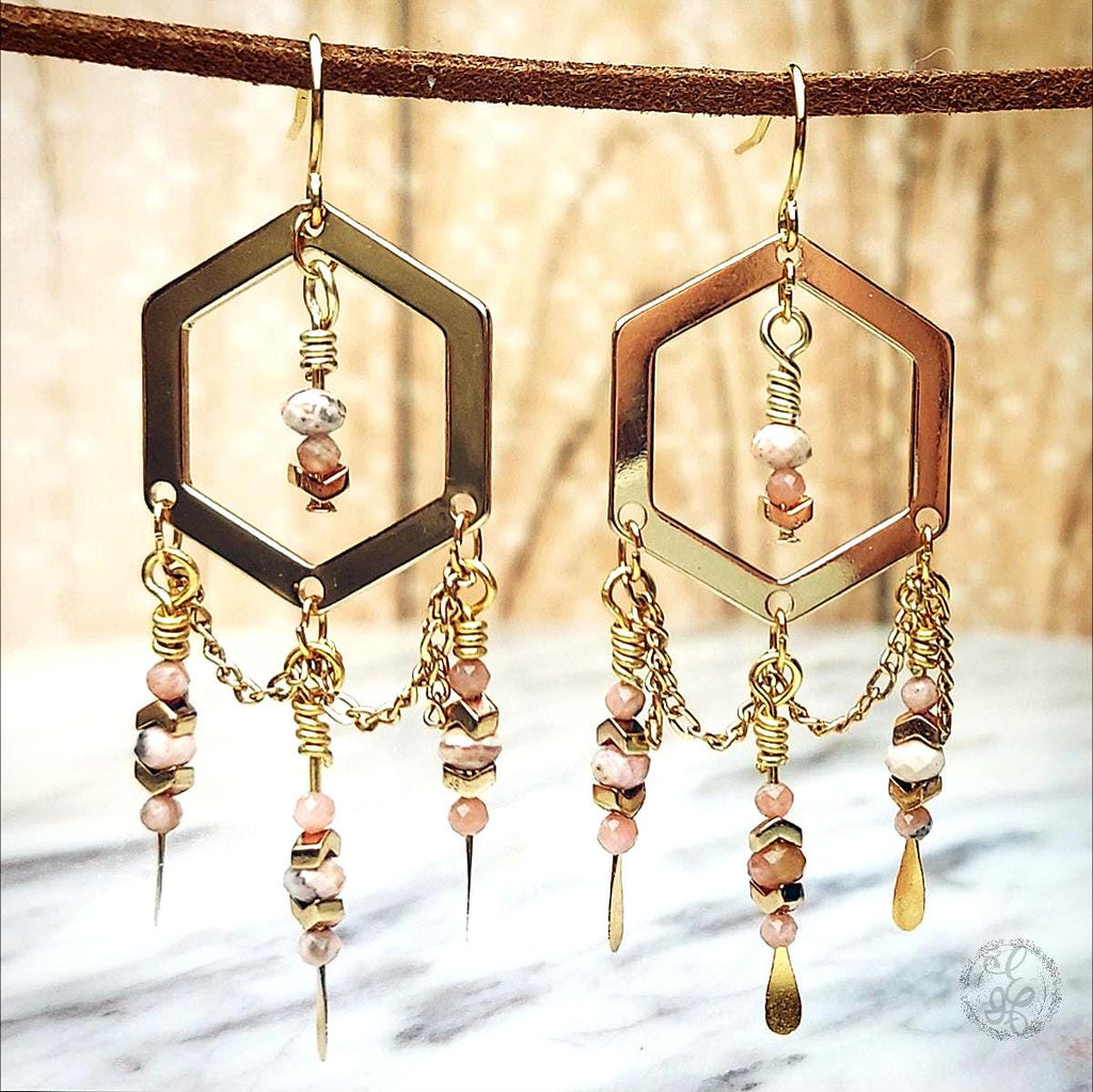 Elegant Rhodochrosite Gold Plated Chandelier Earrings