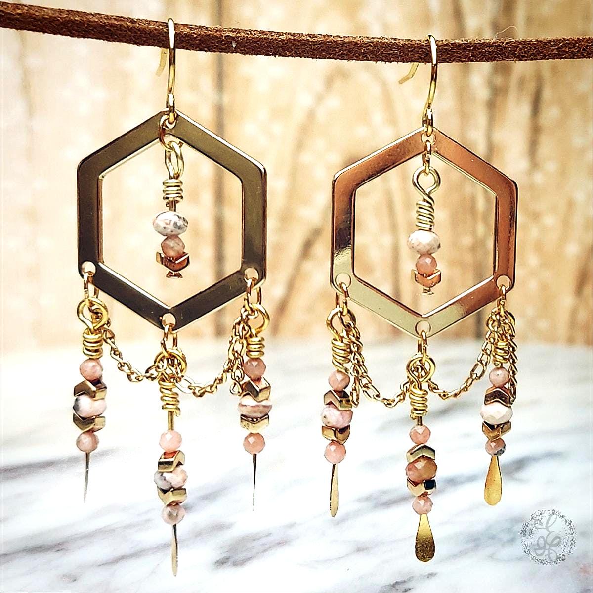 Elegant Rhodochrosite Gold Plated Chandelier Earrings