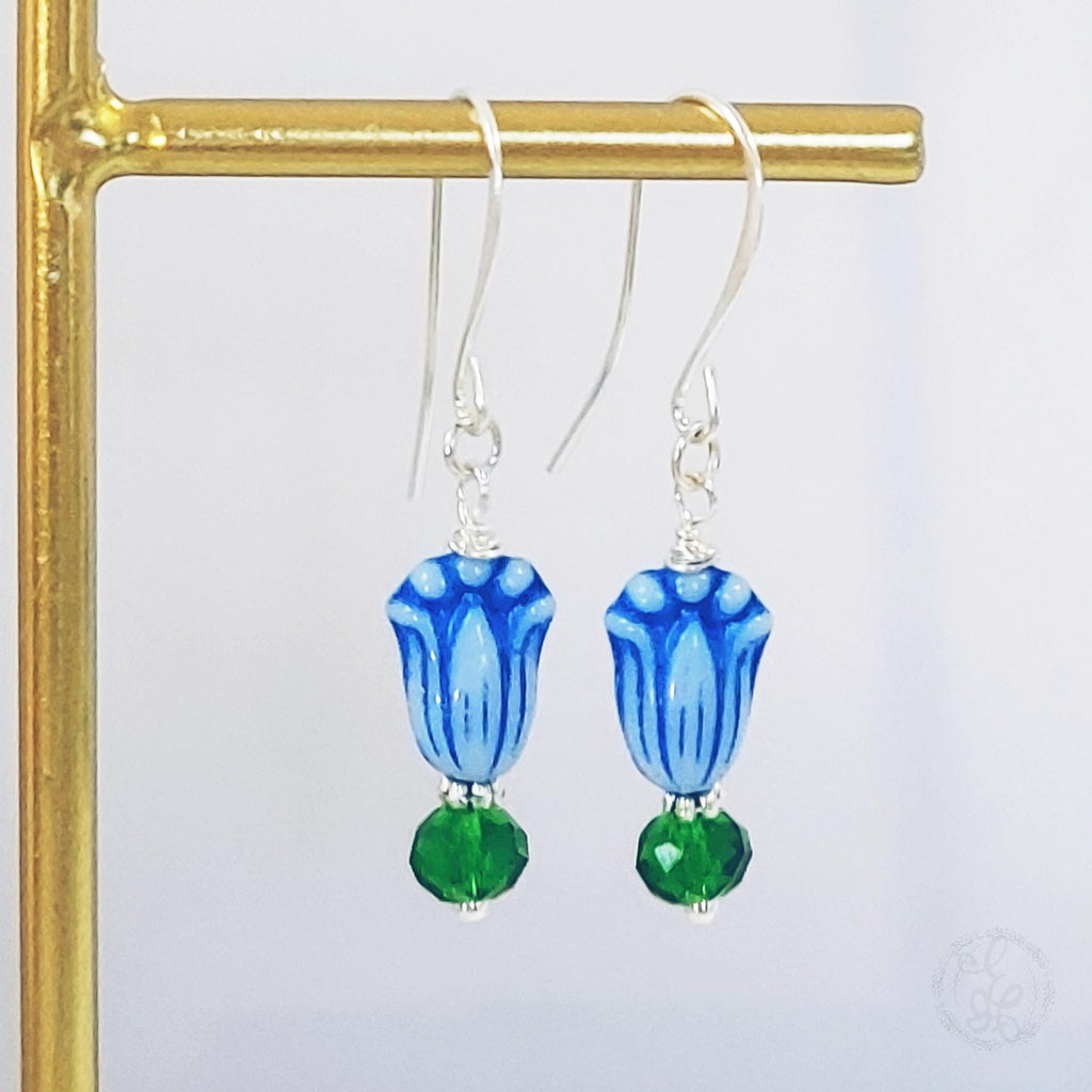Blue Tulip & Green Crystal Earrings – Blooms in Copper or Silver