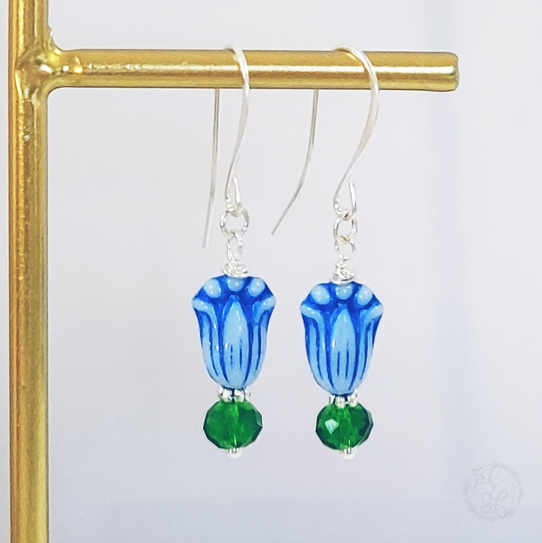 Blue Tulip & Green Crystal Earrings – Blooms in Copper or Silver