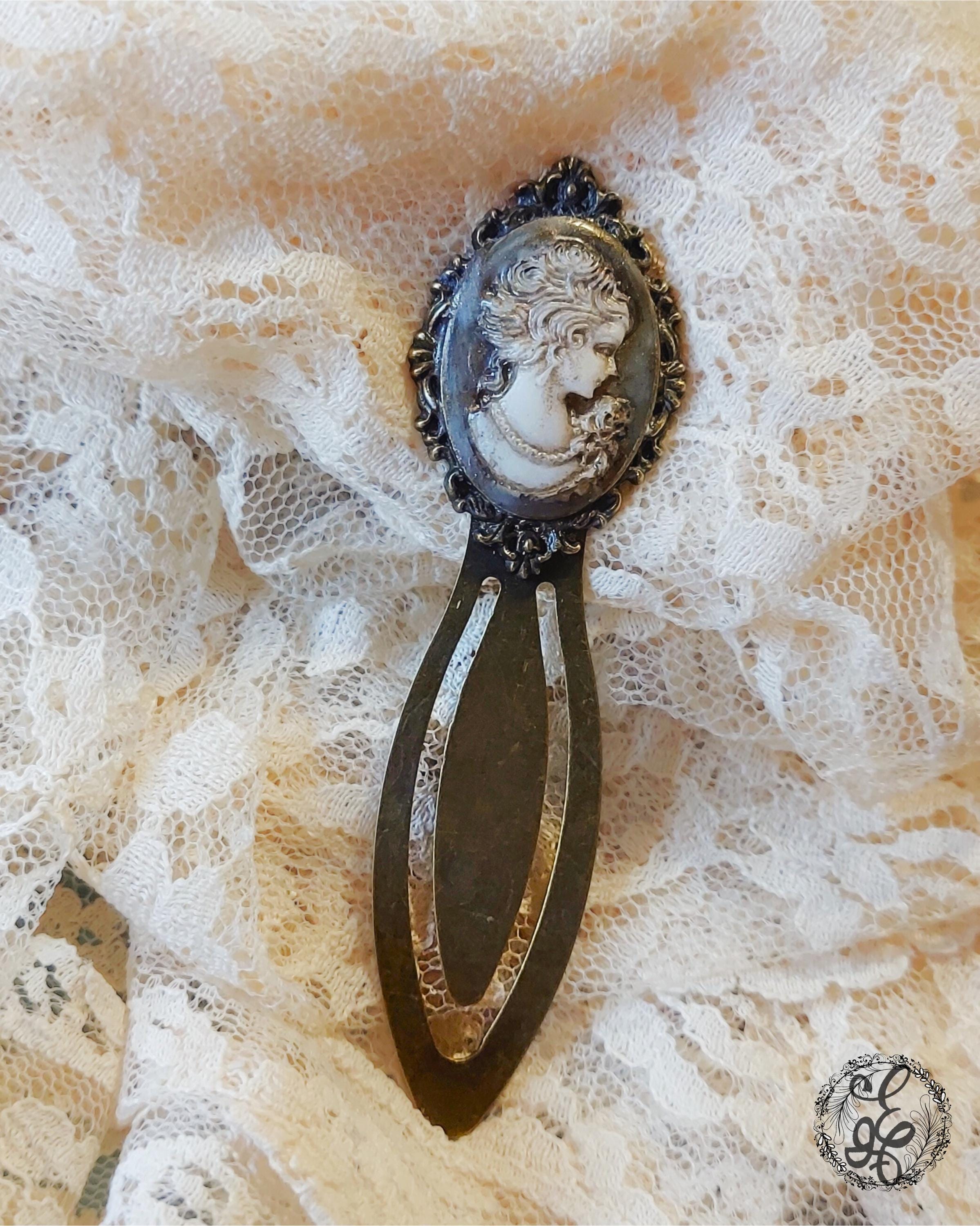 Antique Brass Cameo Bookmark – Handcrafted Pale Blue Distressed Victorian Lady – Vintage-Inspired Gift for Book Lovers