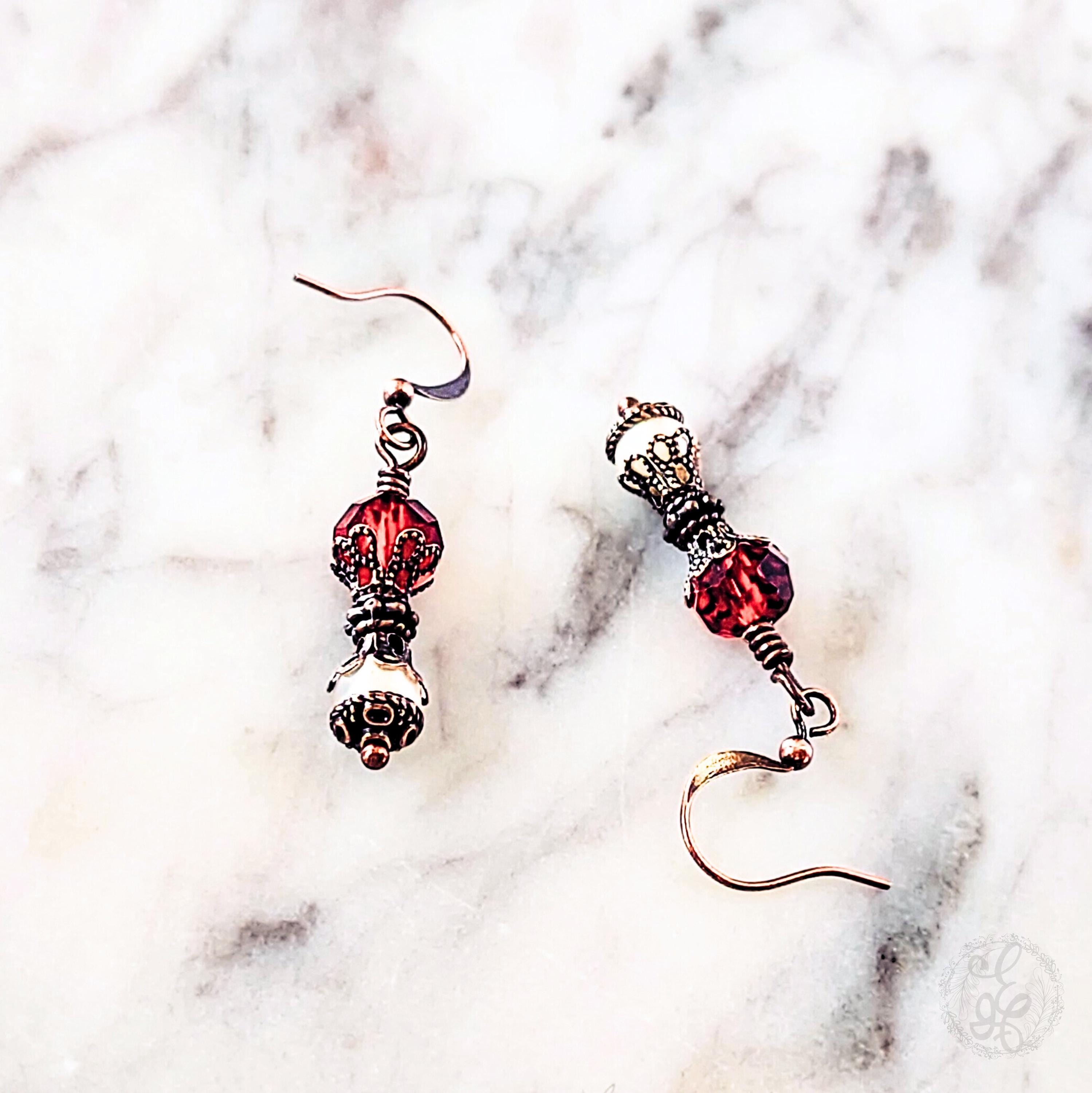 Victorian-Inspired Dangle Earrings – Red Crystal & Antique Copper