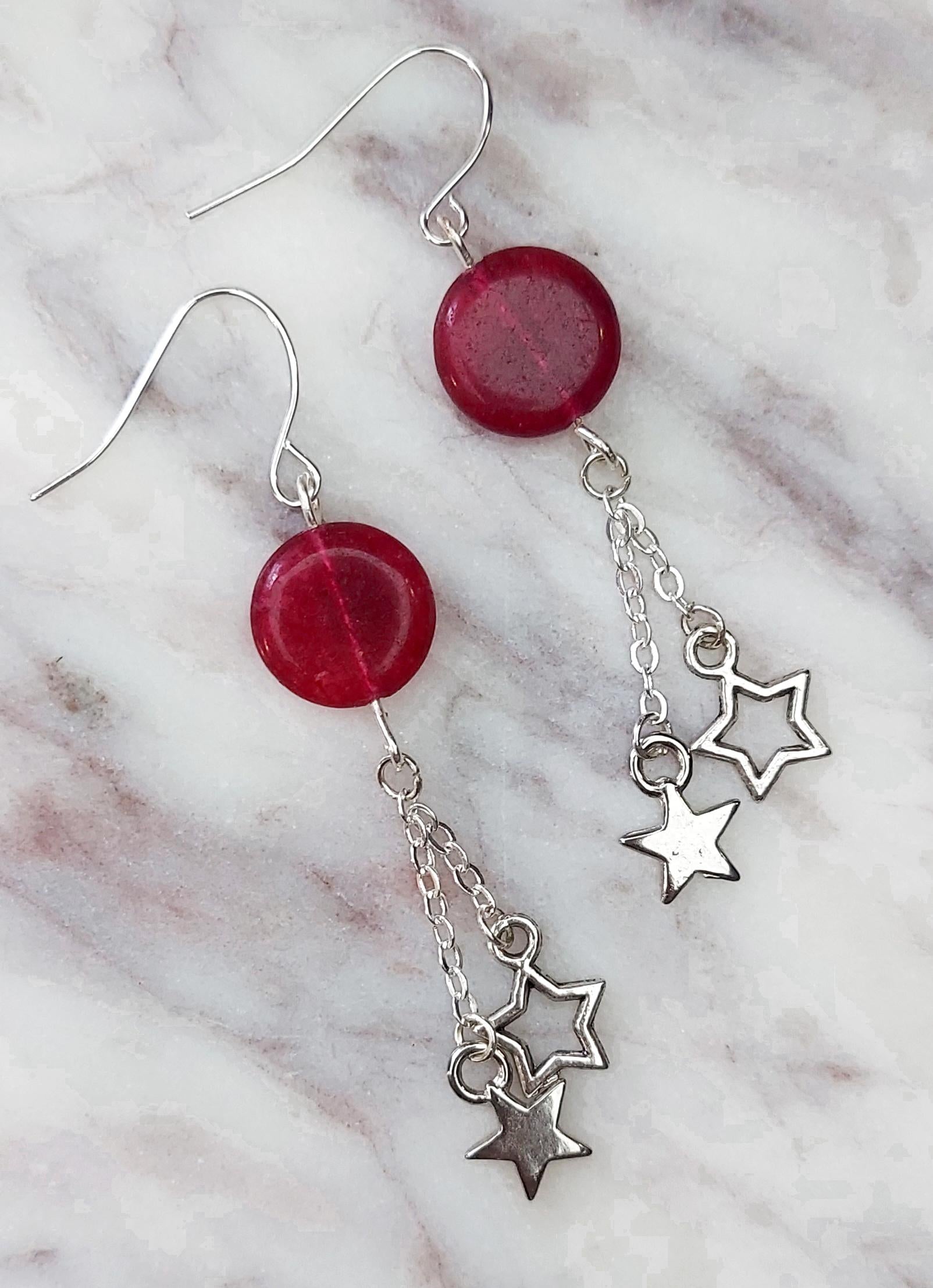 Rasberry Quartz Star Dangle Earrings Chain Dangle Drop Earrings Quartz Crystal Earrings Gifts for Her