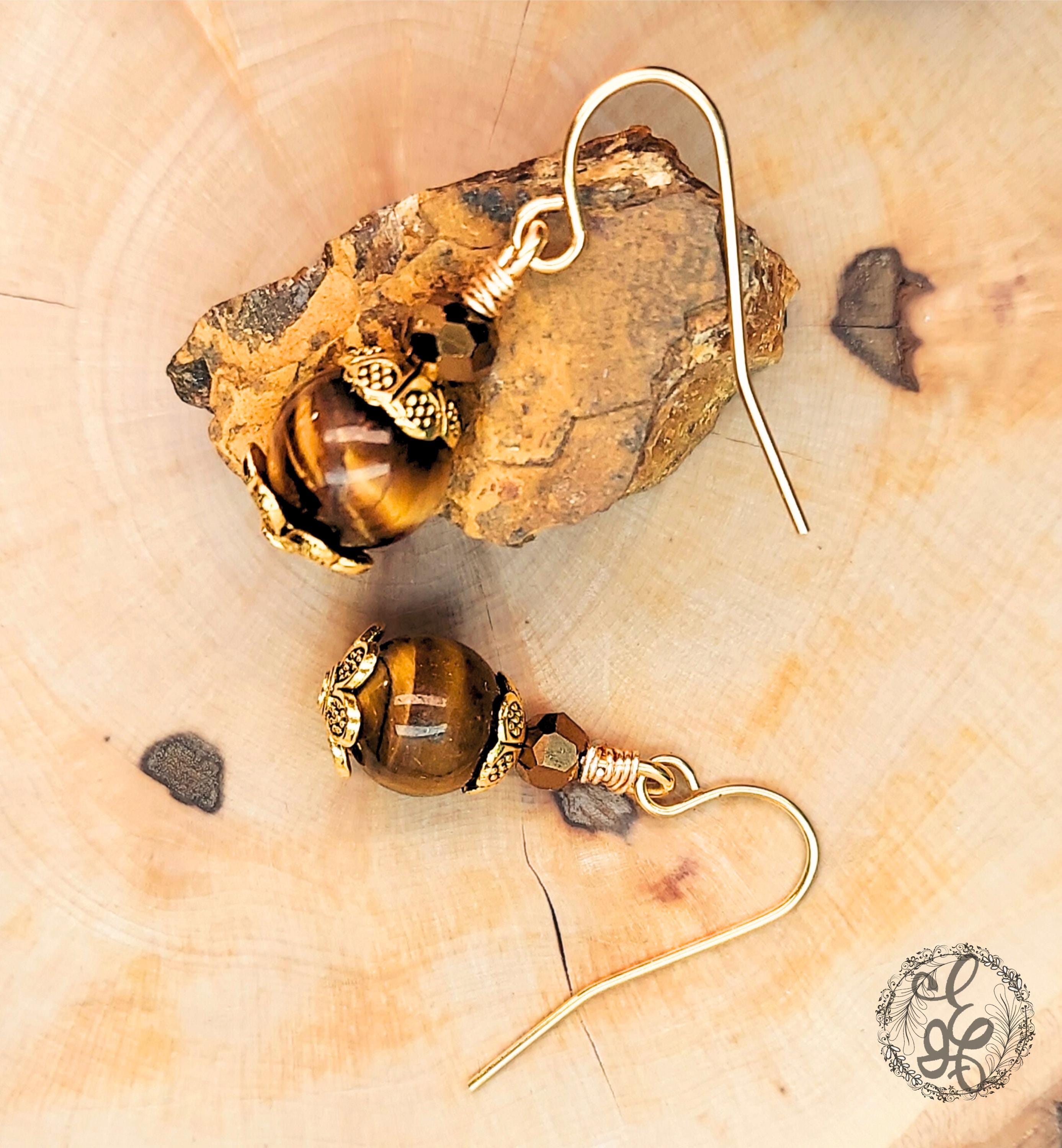 Tiger's Eye Earrings Gold Plated – Handmade Dangle Earrings – Hypoallergenic Gemstone Jewelry Gift for Her