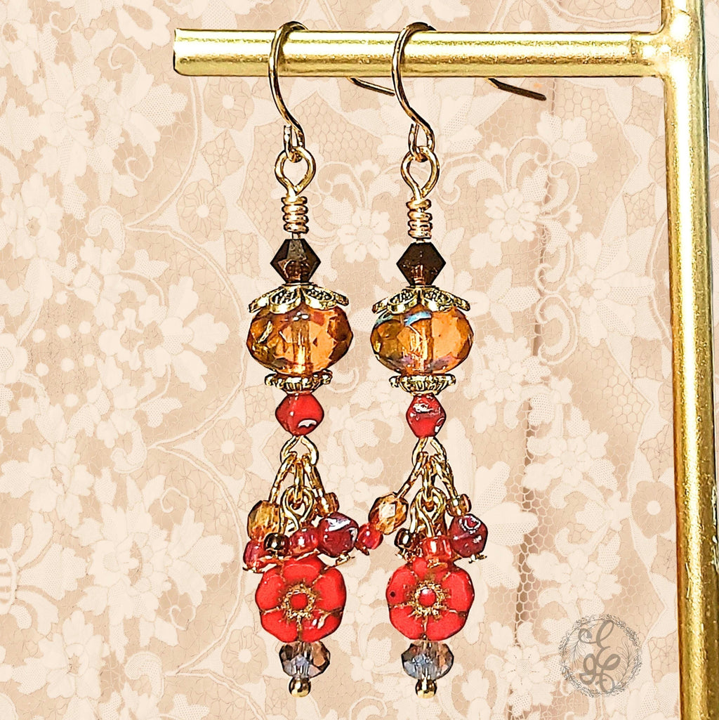 Czech Glass Dangle Earrings – Vintage-Inspired Amber and Red Floral Earrings, Crystal Beaded Jewelry