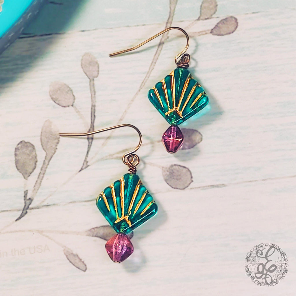 Mermaid Shell Earrings – Teal & Purple Czech Glass Dangle Earrings – Hypoallergenic Brass Hooks – Eidel’s Ideas Original