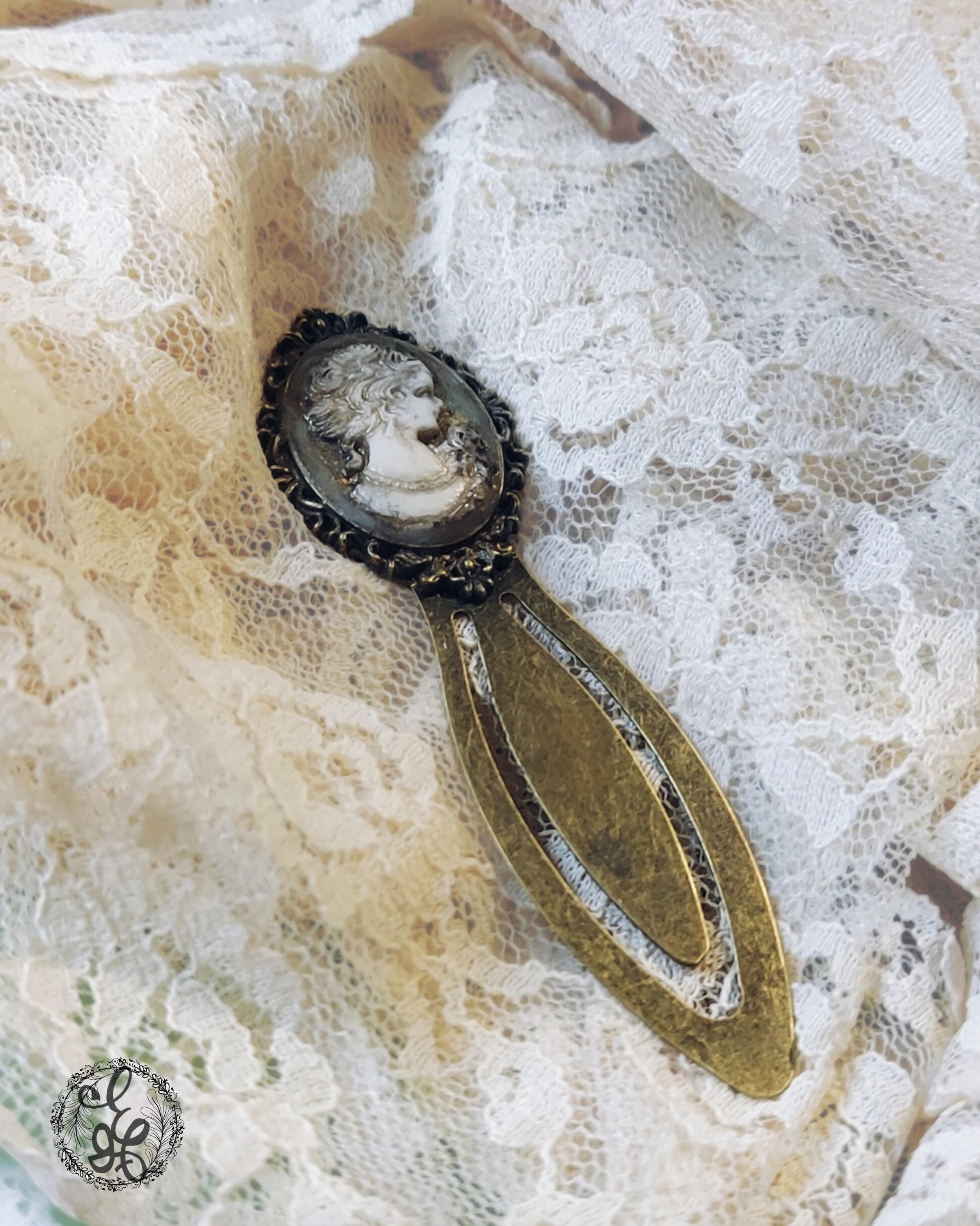 Antique Brass Cameo Bookmark – Handcrafted Pale Blue Distressed Victorian Lady – Vintage-Inspired Gift for Book Lovers