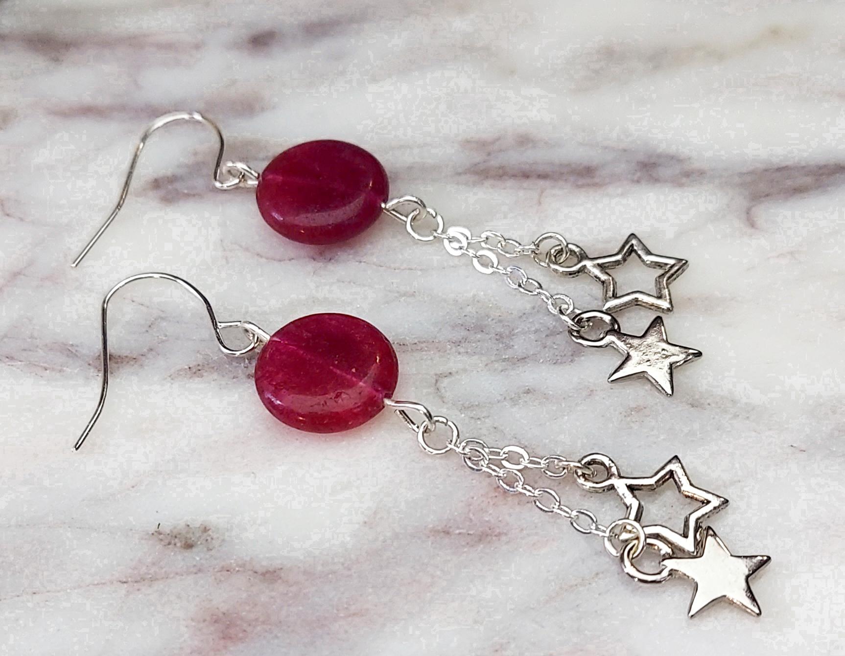 Rasberry Quartz Star Dangle Earrings Chain Dangle Drop Earrings Quartz Crystal Earrings Gifts for Her