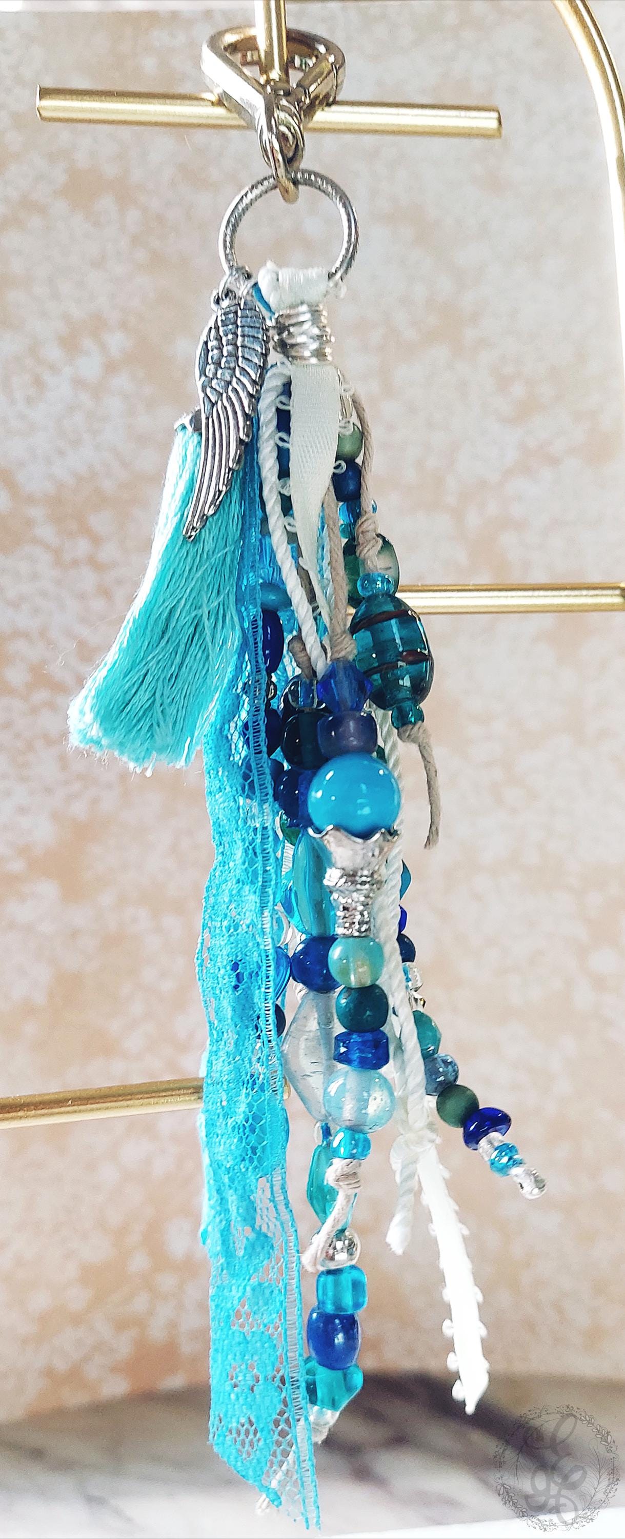 Handcrafted Blue Tassel Purse Charm | One of a Kind Boho Keychain with Lampwork Glass Beads