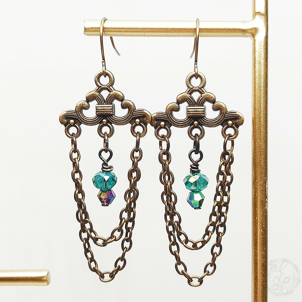Vintage Chandelier Earrings in Antique Gold & Teal Crystal