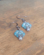 Dusty Blue Czech Glass Flower Earrings – Antique Copper Dangle Earrings