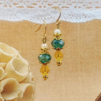 Daffodil Yellow and Teal Earrings with Gold Finish, Spring Earrings, Gift for her, Vintage Style Jewelry