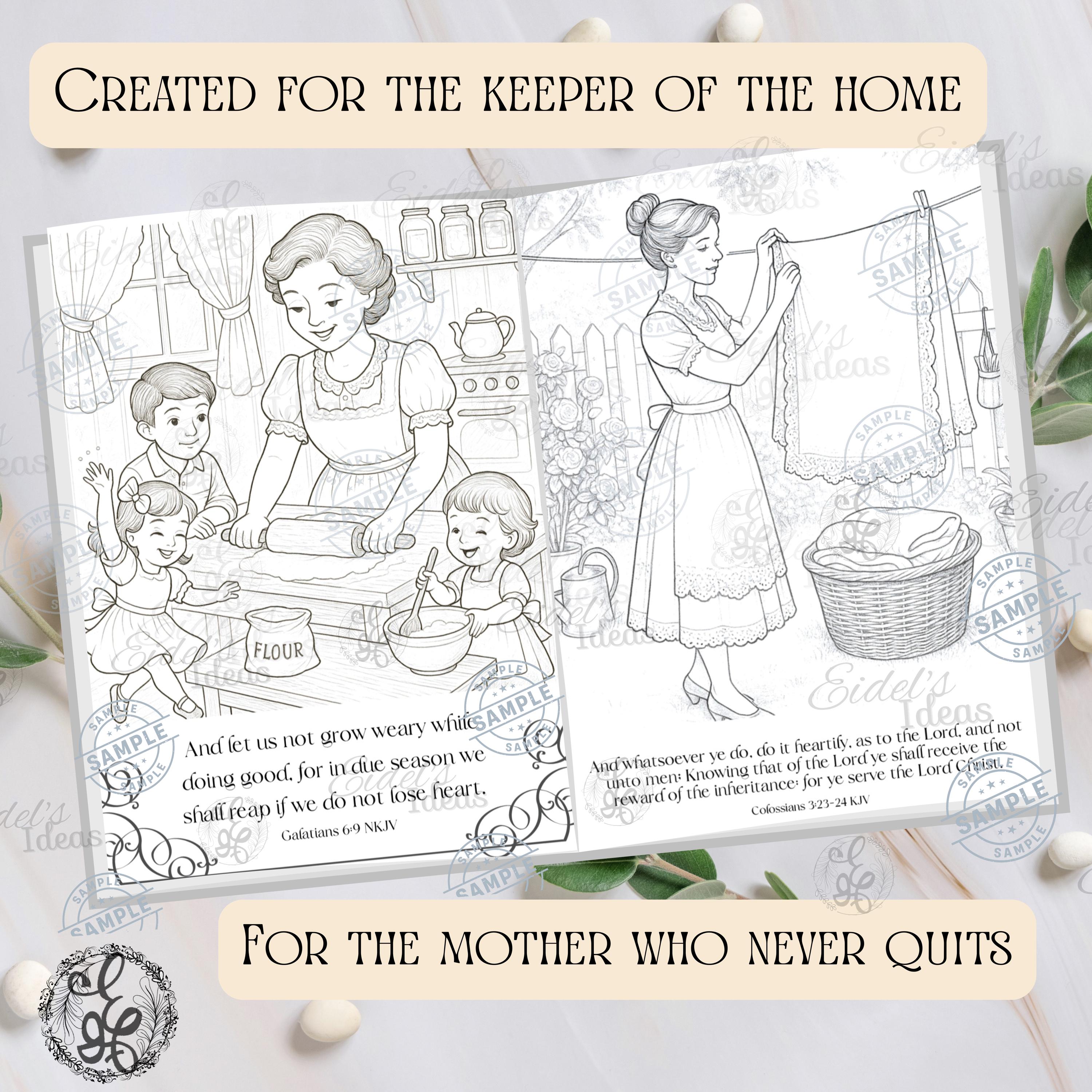 Vintage Homemaking Coloring Book | 15-Page Christian Coloring Pages for Women | Faith-Based Printable for Moms | Bible Verse Adult Coloring