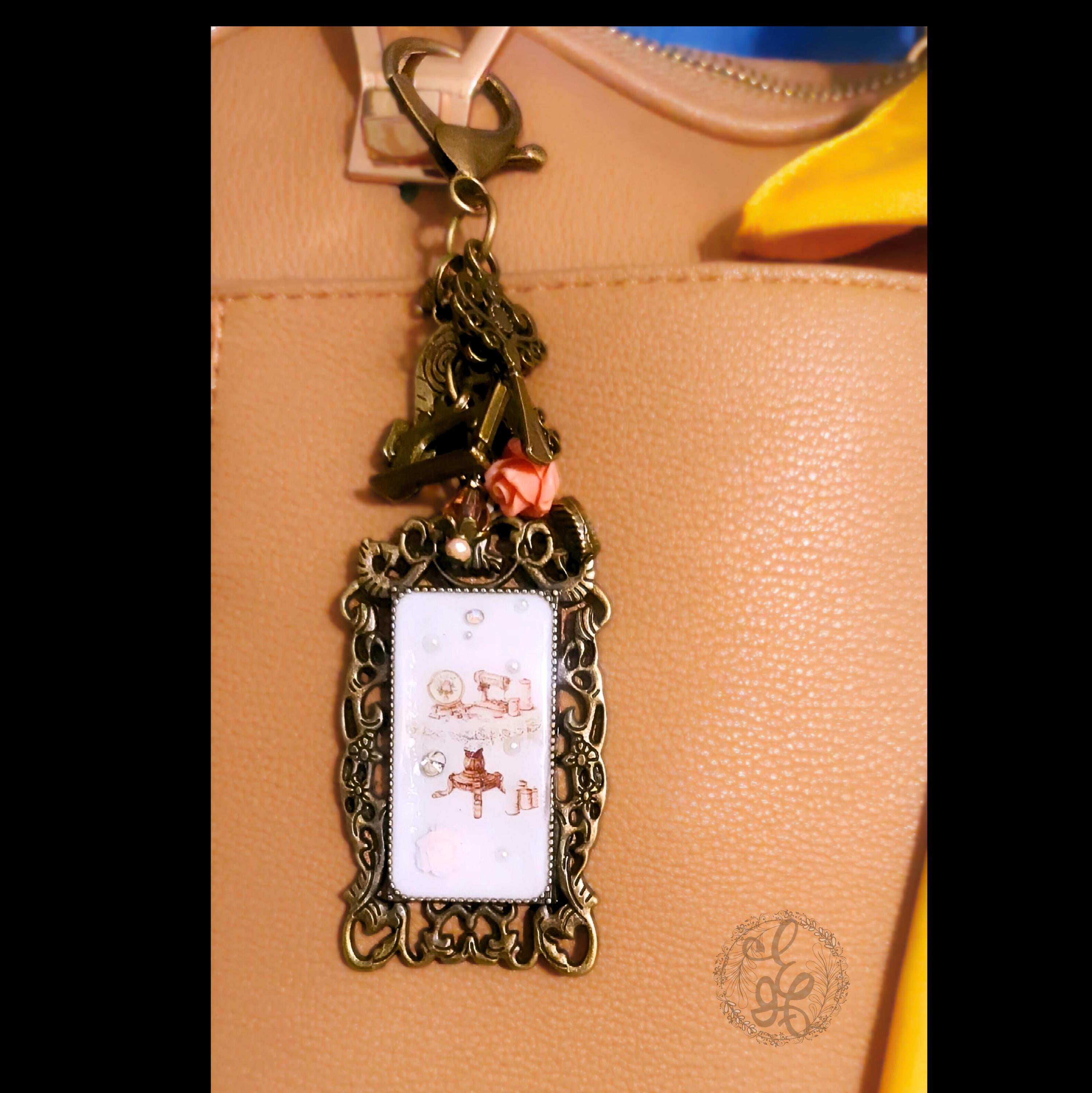 Kitchen Table Sewing Purse Charm – Vintage Resin Frame Keychain with Antique Brass Sewing Charms – Eidel's Ideas Original – Ready to Ship