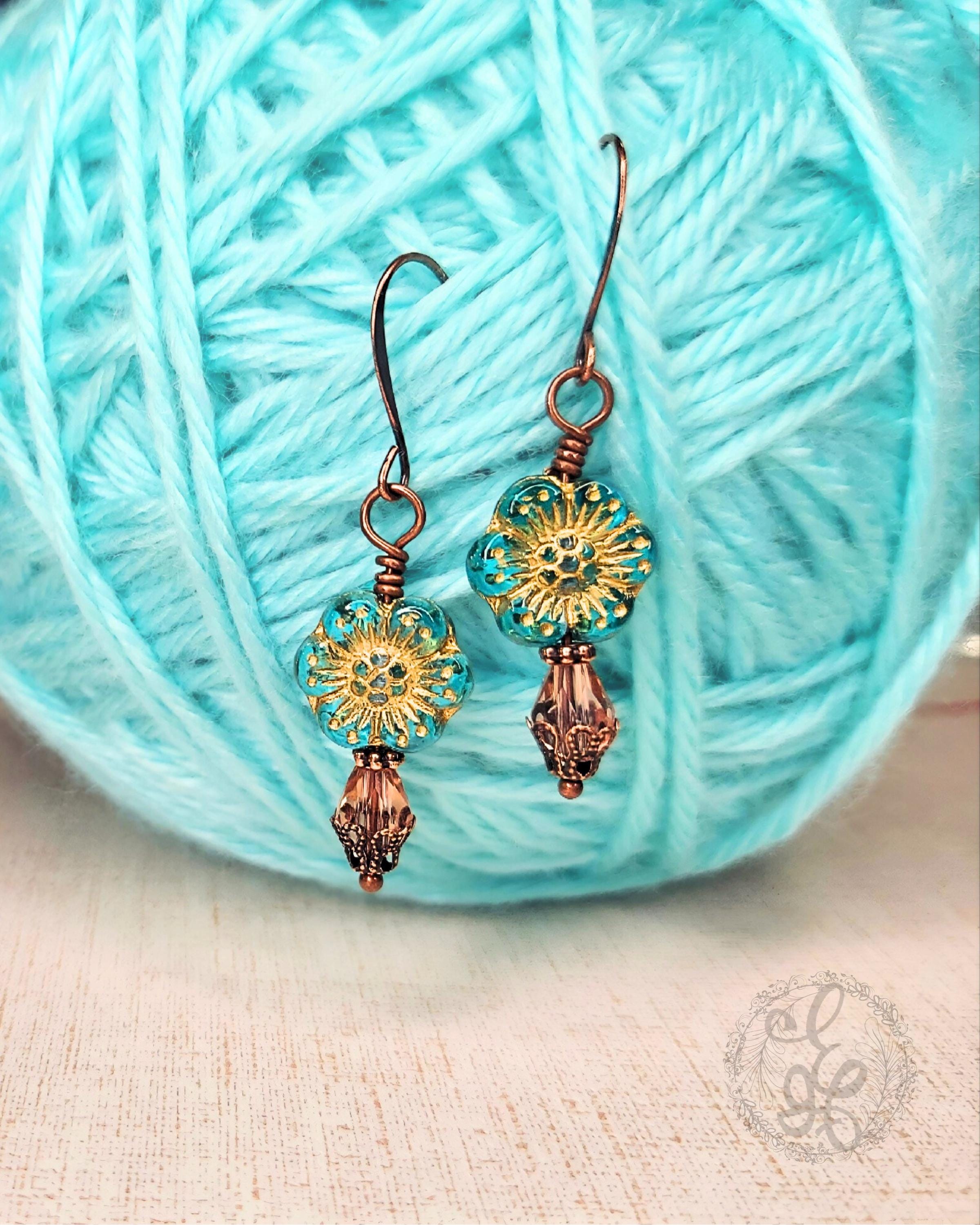 Artisan Czech Glass Earrings • Antique Copper Floral Dangles • Crystal Teardrop Vintage Style Jewelry
