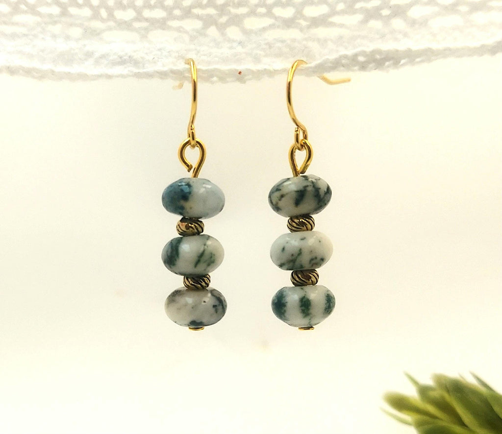 Green Moss Agate Earring Forest Green on White beaded Earrings Mossy Agate Gemstone Dangle Earring Gifts for Her