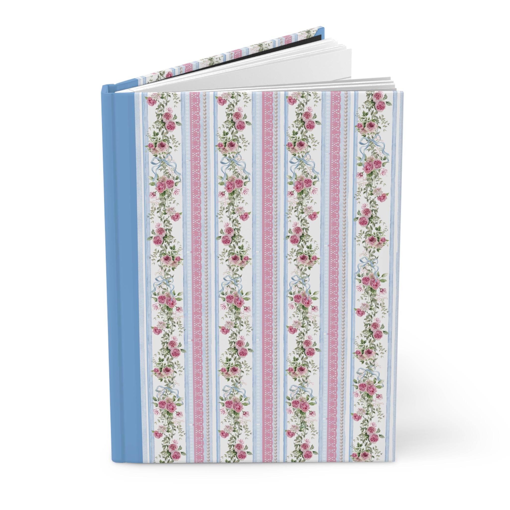 Blue Floral Stripe Hardcover Journal — Vintage Rose Pattern Notebook