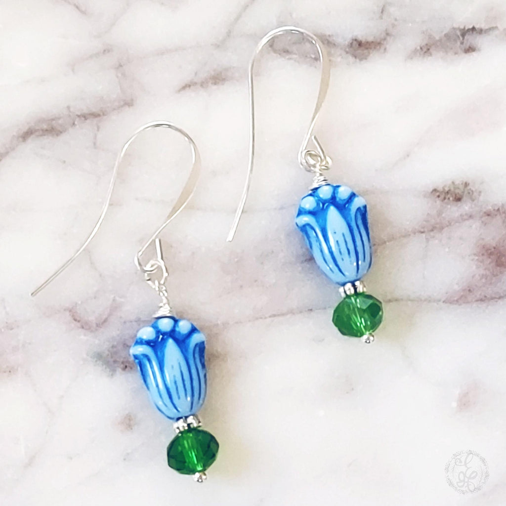 Blue Tulip & Green Crystal Earrings – Blooms in Copper or Silver