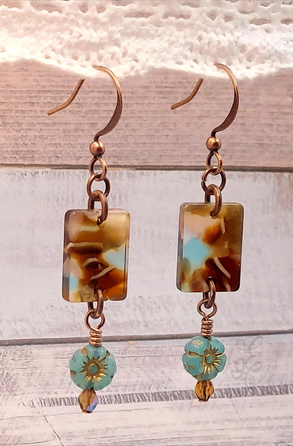 Boho Copper and Czech Glass Dangle Earrings with Tortoiseshell Focal and Flower Accent, Handmade Artisan Jewelry