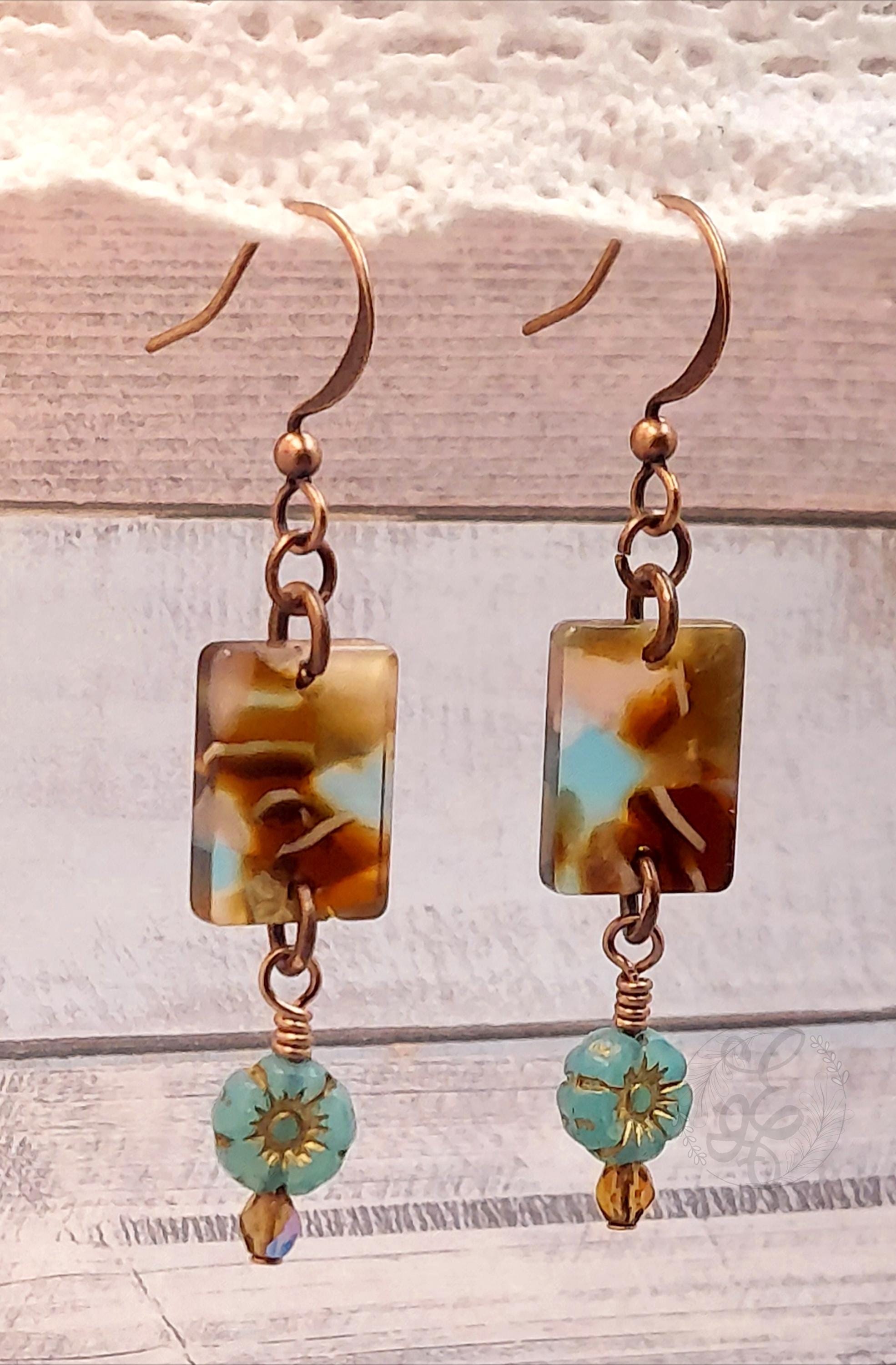 Boho Copper and Czech Glass Dangle Earrings with Tortoiseshell Focal and Flower Accent, Handmade Artisan Jewelry
