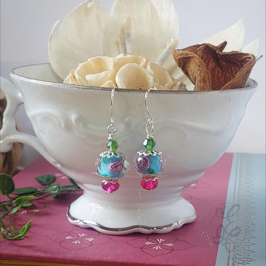 Rose Dangle Drop Earrings, blue pink and green danity earrings